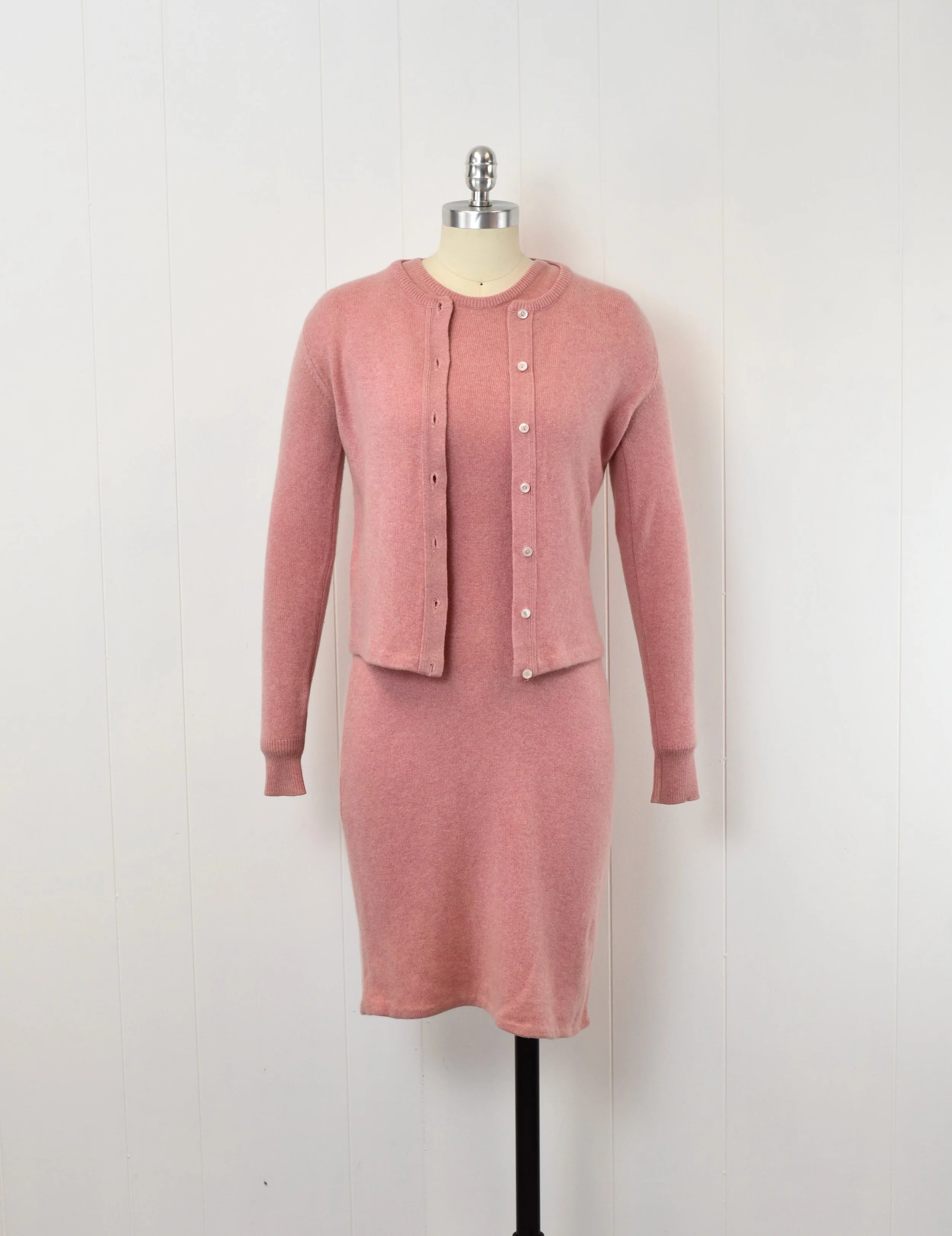 1970s Halston Pink Cashmere Sleeveless Dress Cardigan Sweater Two Piece  Matching Set  Canned Ham Vintage