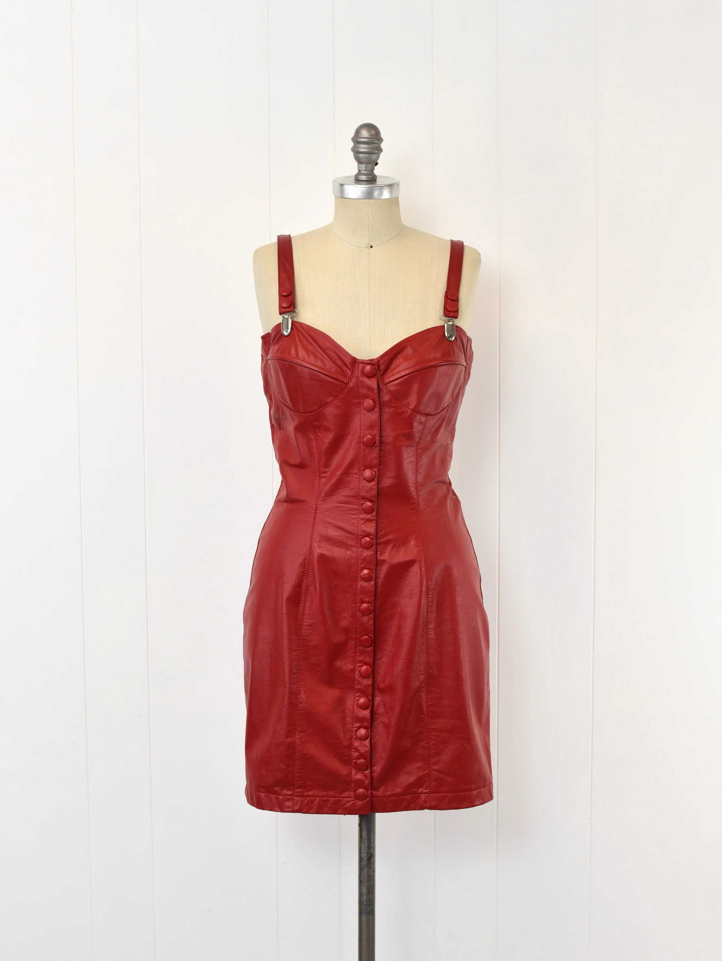 1980s/1990s Red Leather Snap Front Brazen Pencil Wiggle Party Mini Dress   Canned Ham Vintage