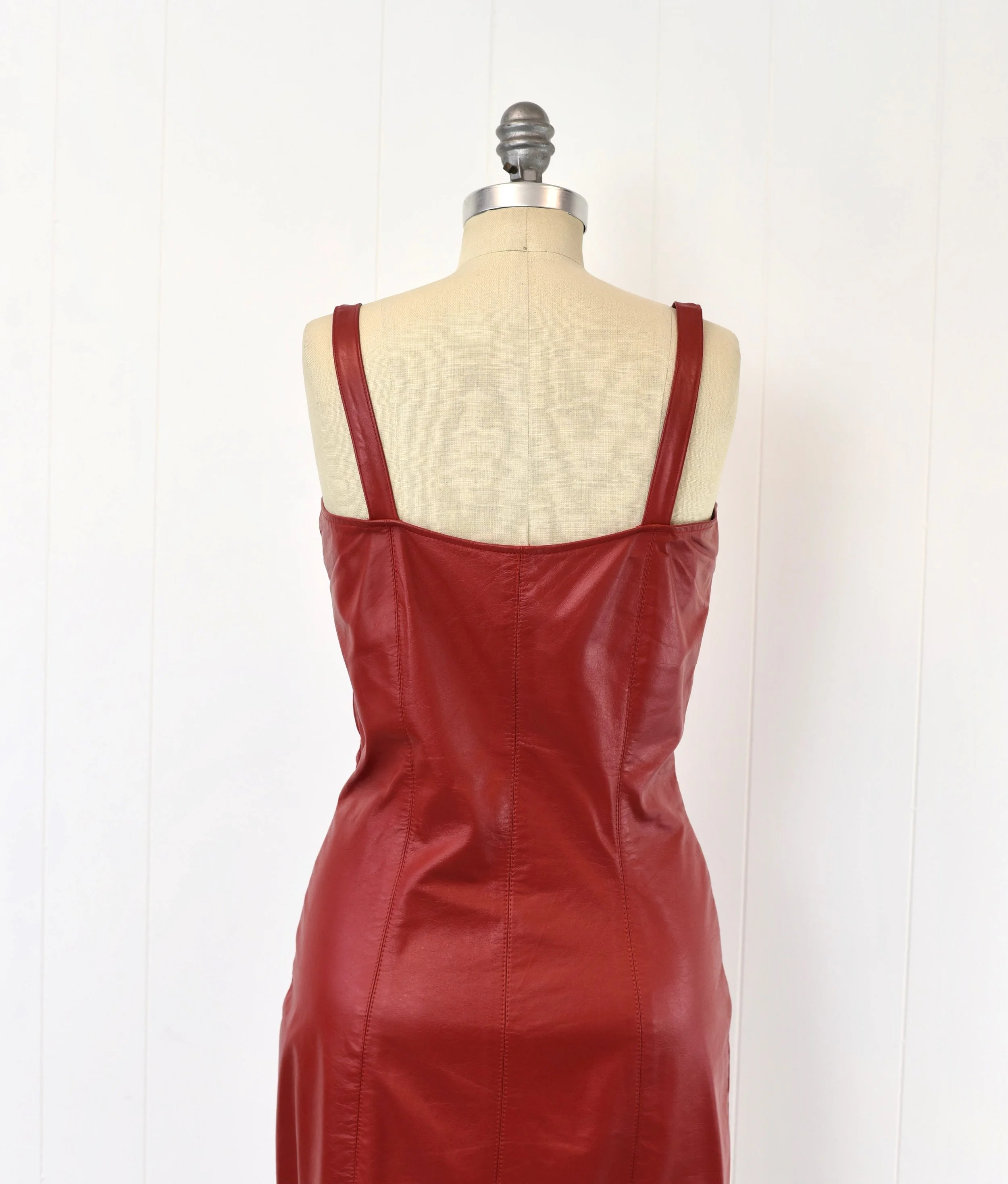 1980s/1990s Red Leather Snap Front Brazen Pencil Wiggle Party Mini Dress  Canned Ham Vintage