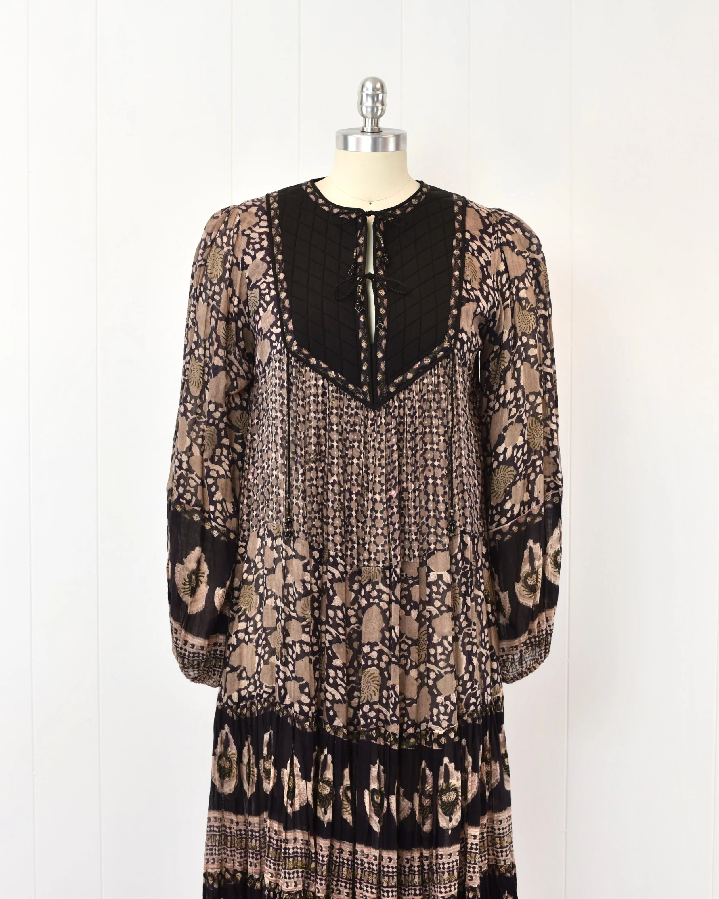 1970s Her Excellency Indian Cotton Hand Painted Beaded Boho Hippie Maxi Dress  Canned Ham Vintage