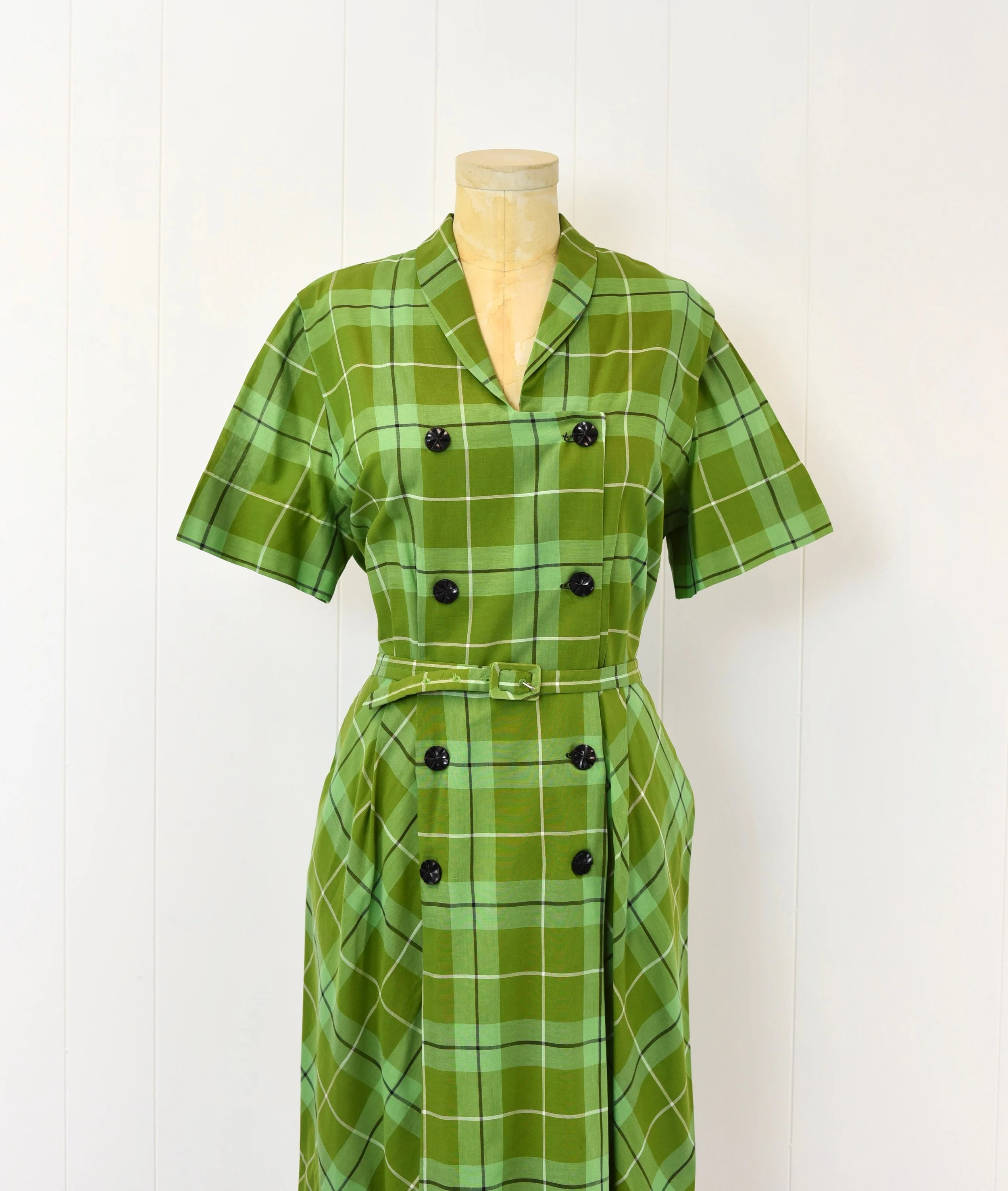 1950s Green Plaid Checkerboard Cotton Pinup Mid Century Day Dress Volup Plus Size  Canned Ham Vintage