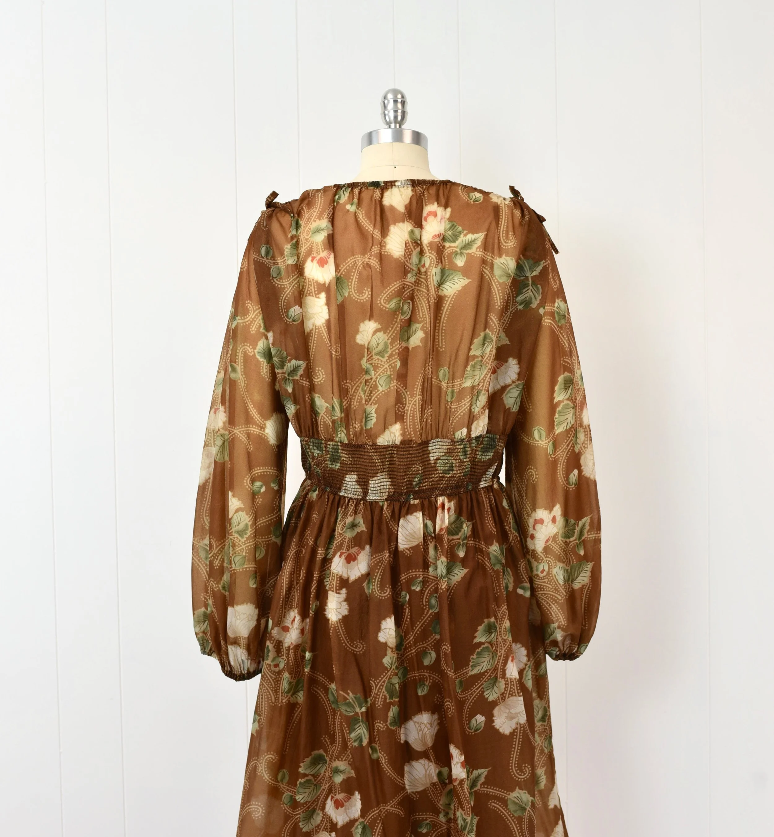 1970s Brown Floral Sheer Balloon Sleeve Boho Hippie Dress  Canned Ham  Vintage