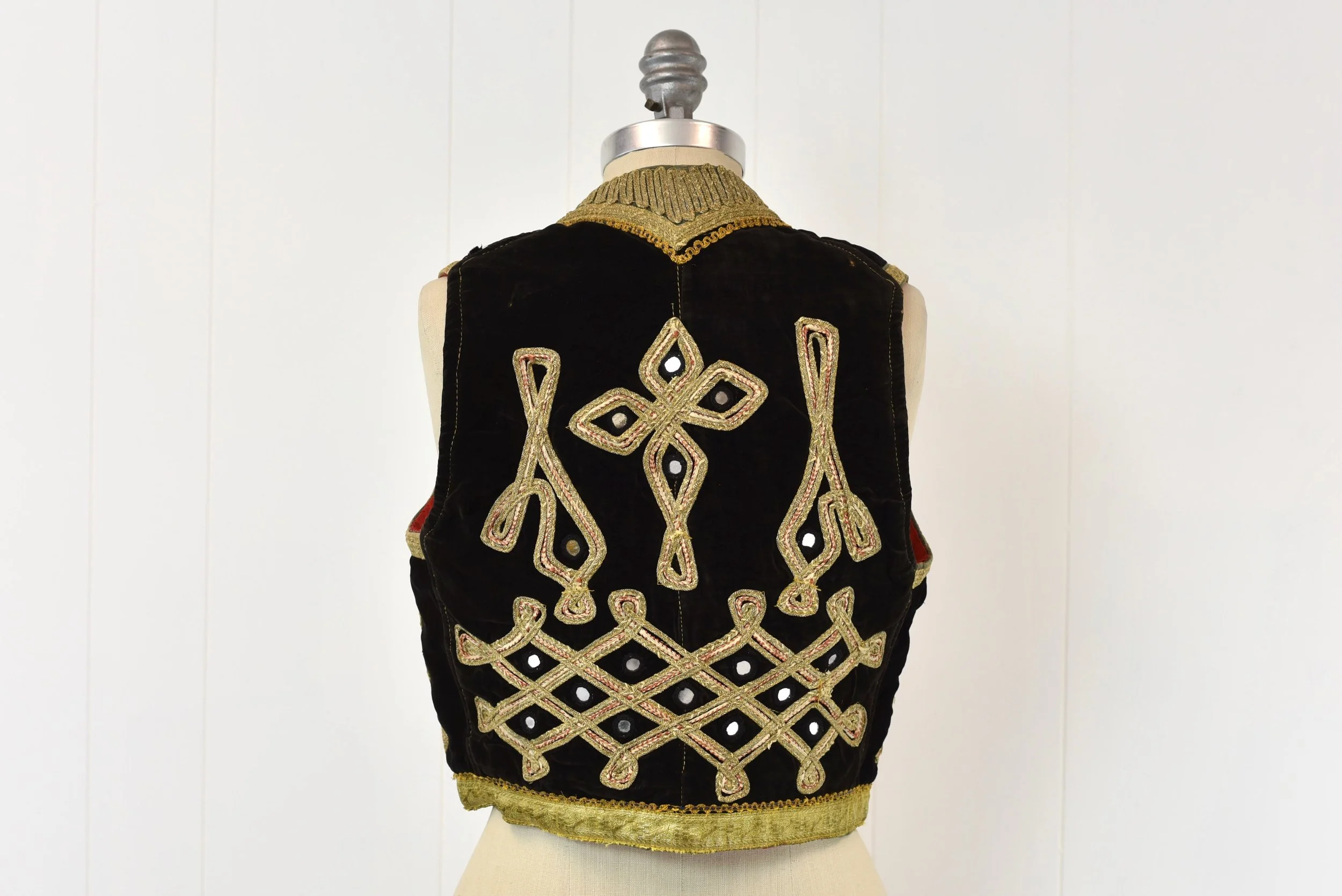 1960s Black Velvet Metallic Gold Embroidered Turkish Mirror