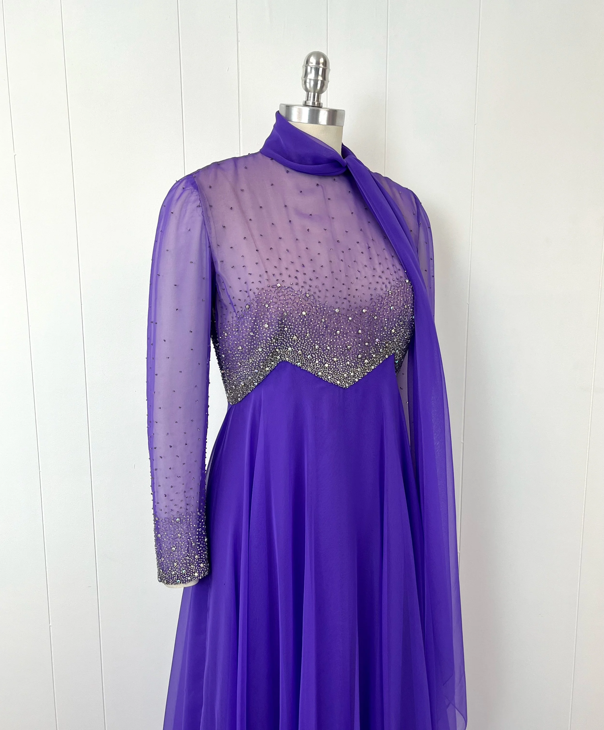 1960s/1970s Victoria Royal Purple Chiffon Rhinestone Beaded Party Maxi Dress  Gown  Canned Ham Vintage