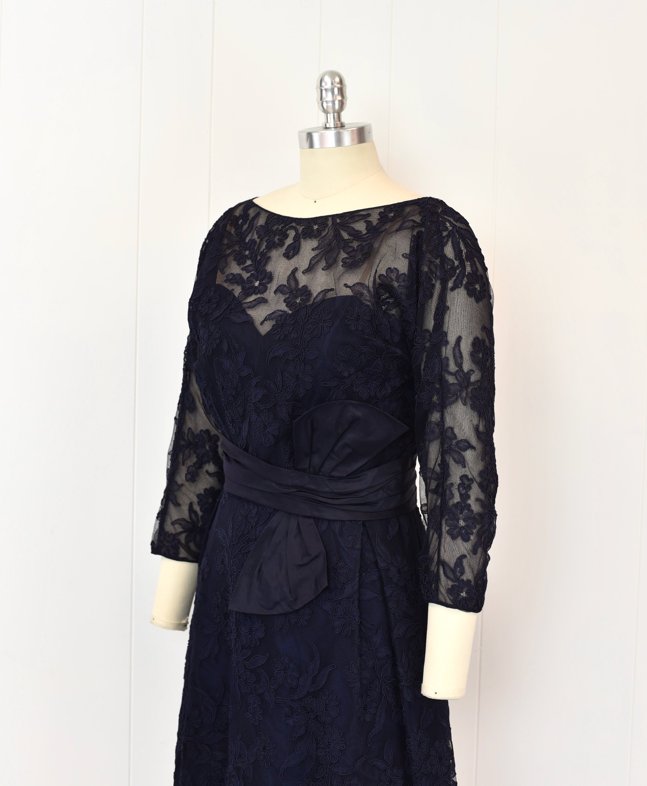 1950s navy blue dress Vintage 1950s Navy Silk Dot Luncheon Dress