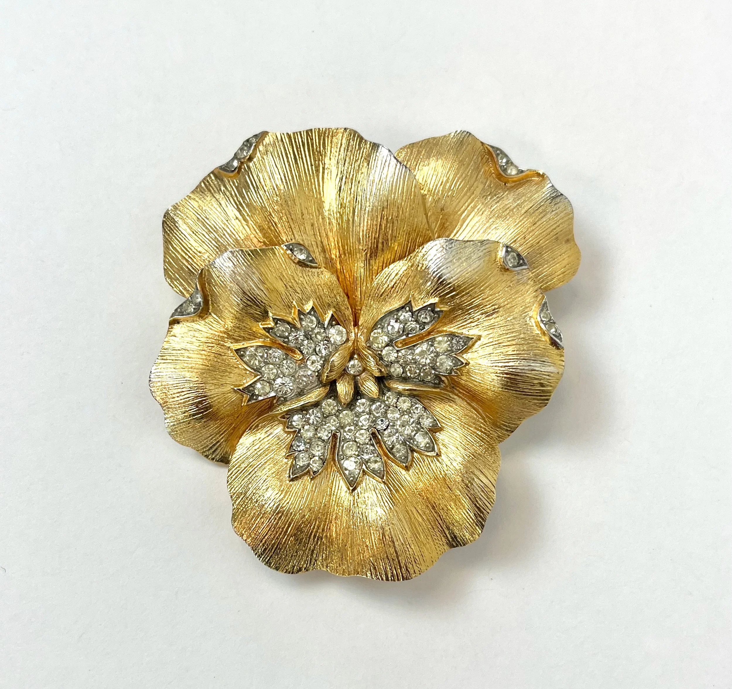 1960 Trifari Alfred Phillippe Pansy Flower Rhinestone Gold Metal