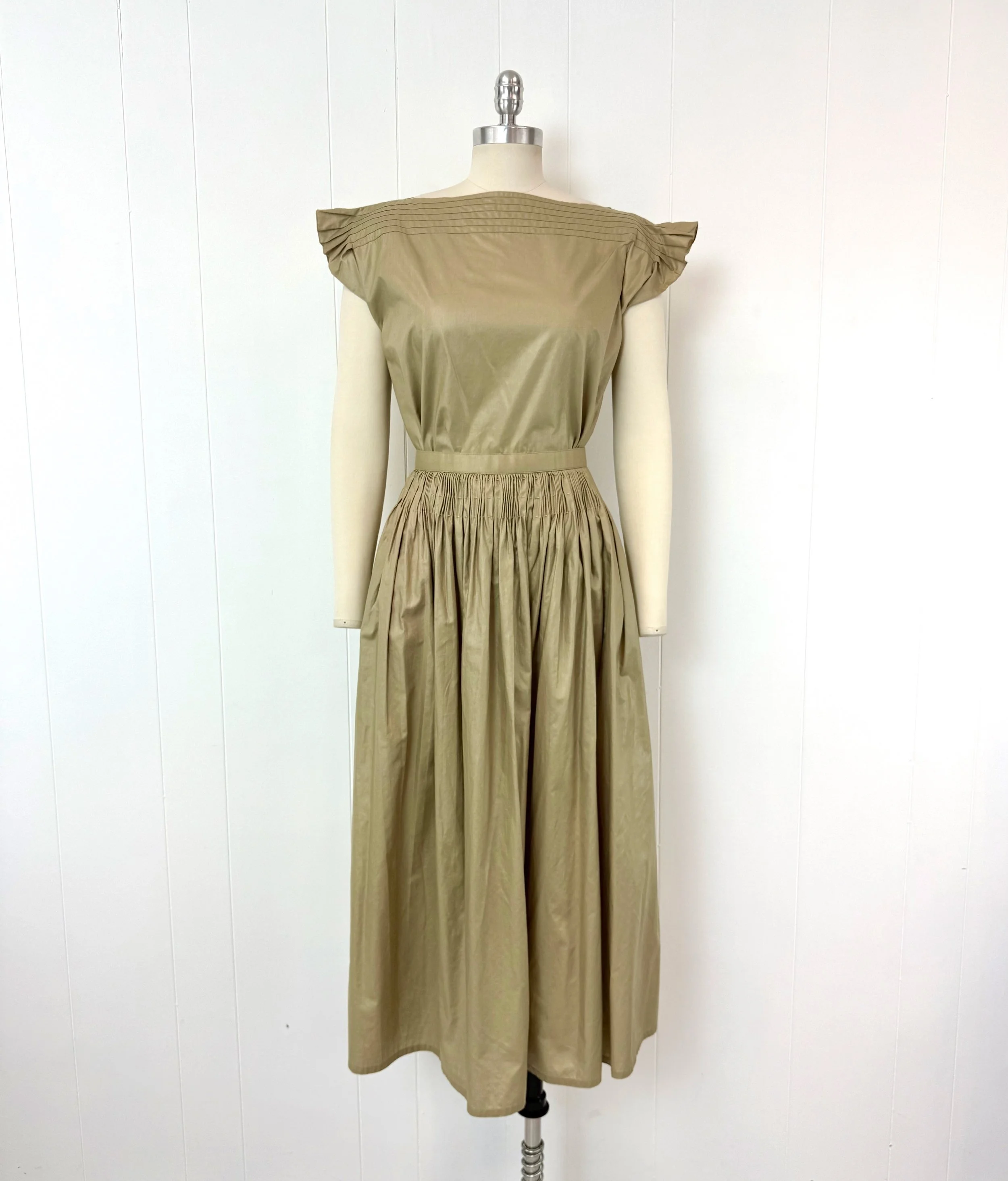 1980s Geoffrey Beene BeeneBag Light Green Silk Cotton Gathered Ruffle Blouse Skirt Matching Two Piece Set