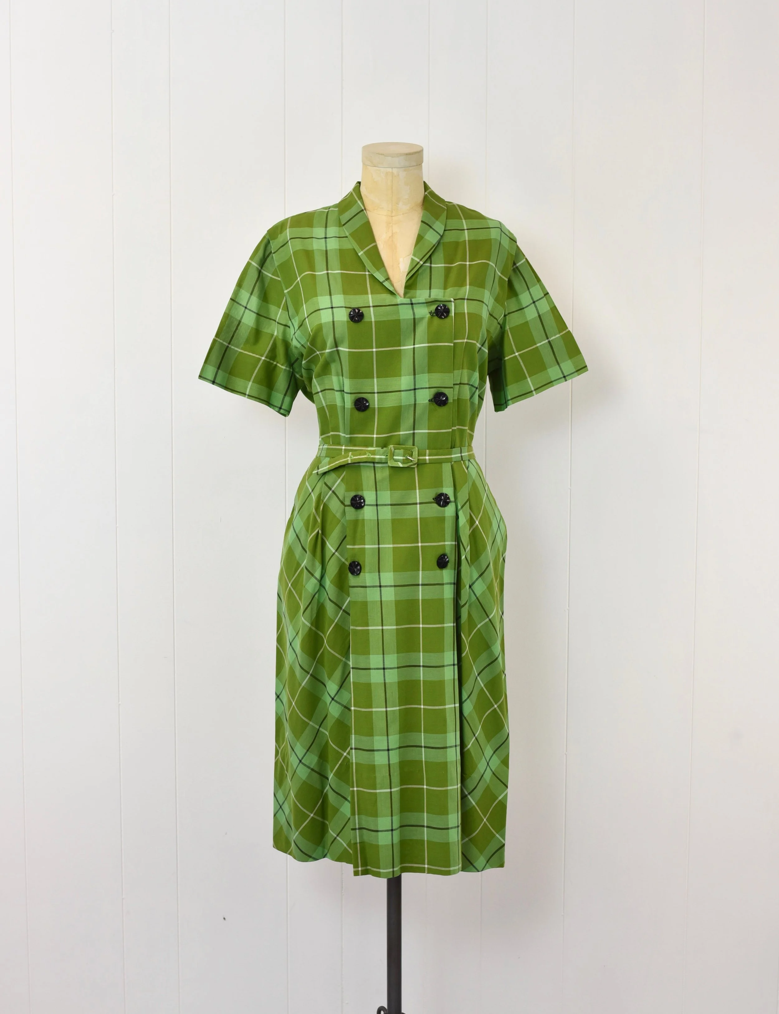 1950s Green Plaid Checkerboard Cotton Pinup Mid Century Day Dress Volup Plus Size  Canned Ham Vintage