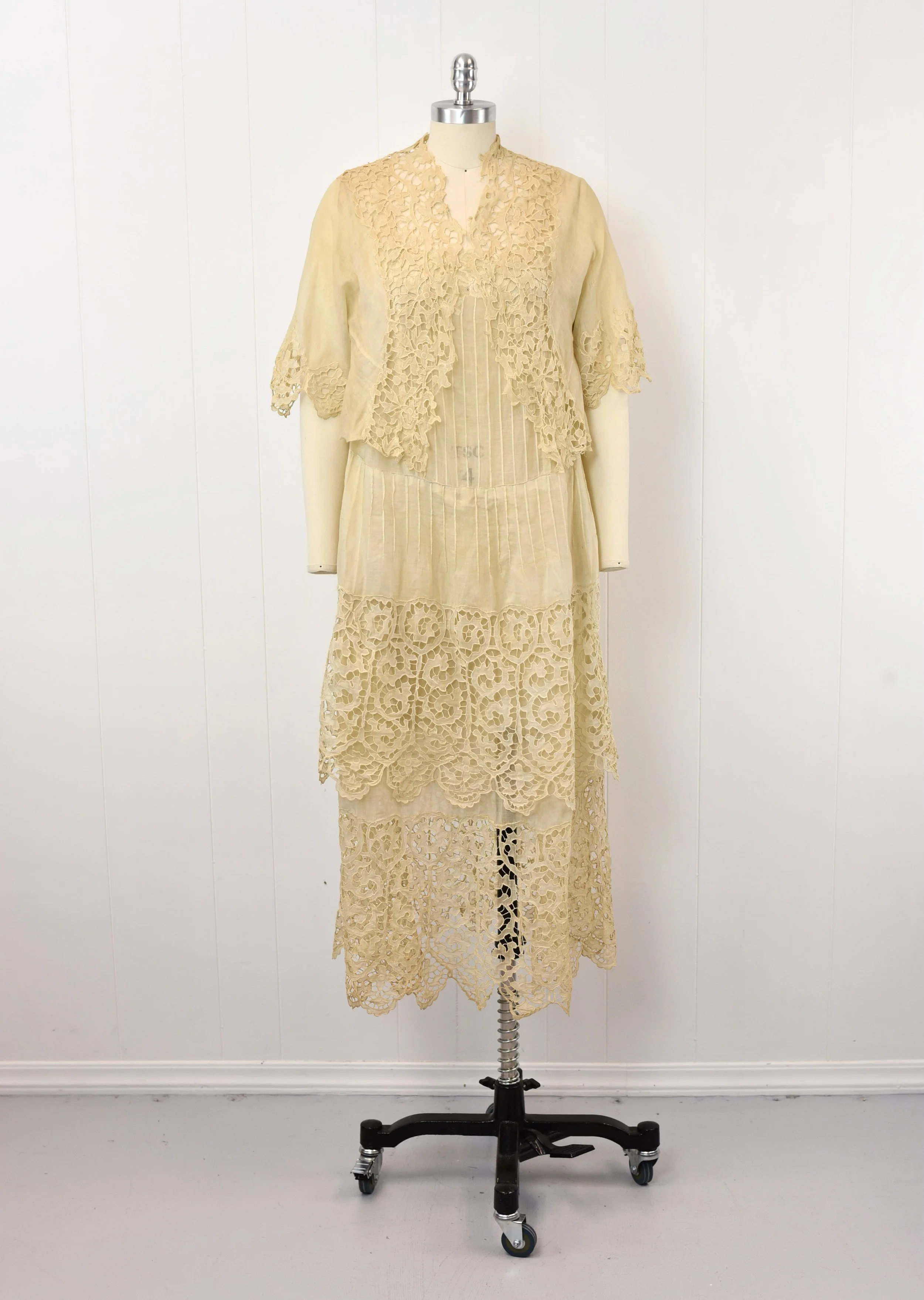 Antique 1920s Lace Cream Sheer Cotton Drop Waist Flapper Dress