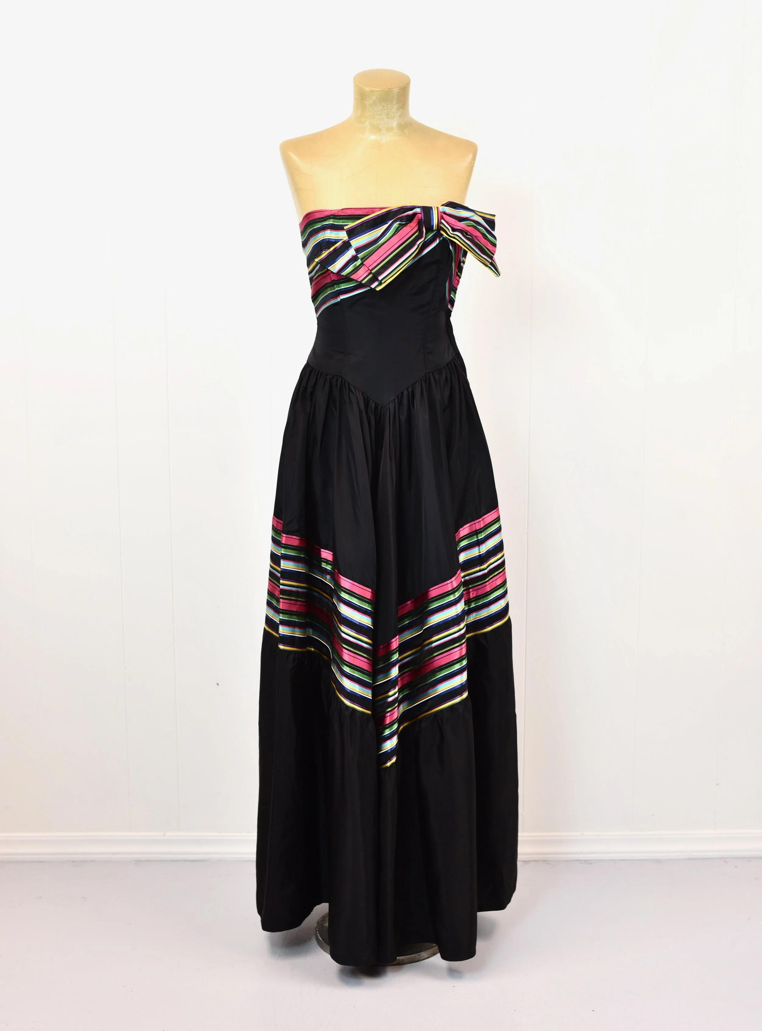 1940s Striped Bow Black Taffeta Strapless Party Maxi Dress Gown — Canned Ham Vintage