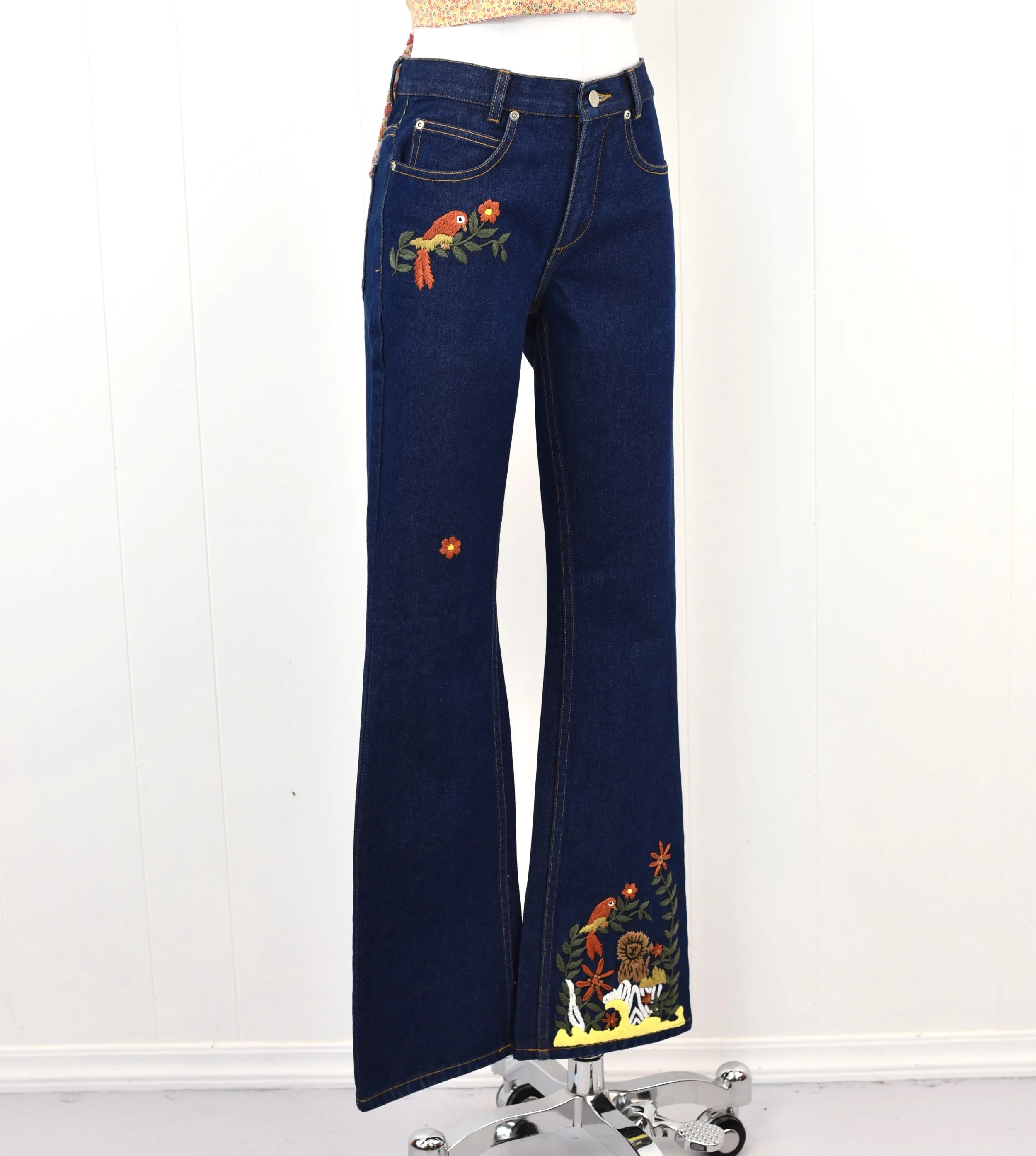 1970s Blue Denim Jeans Hand Embroidered Parrot Lion Floral Novelty