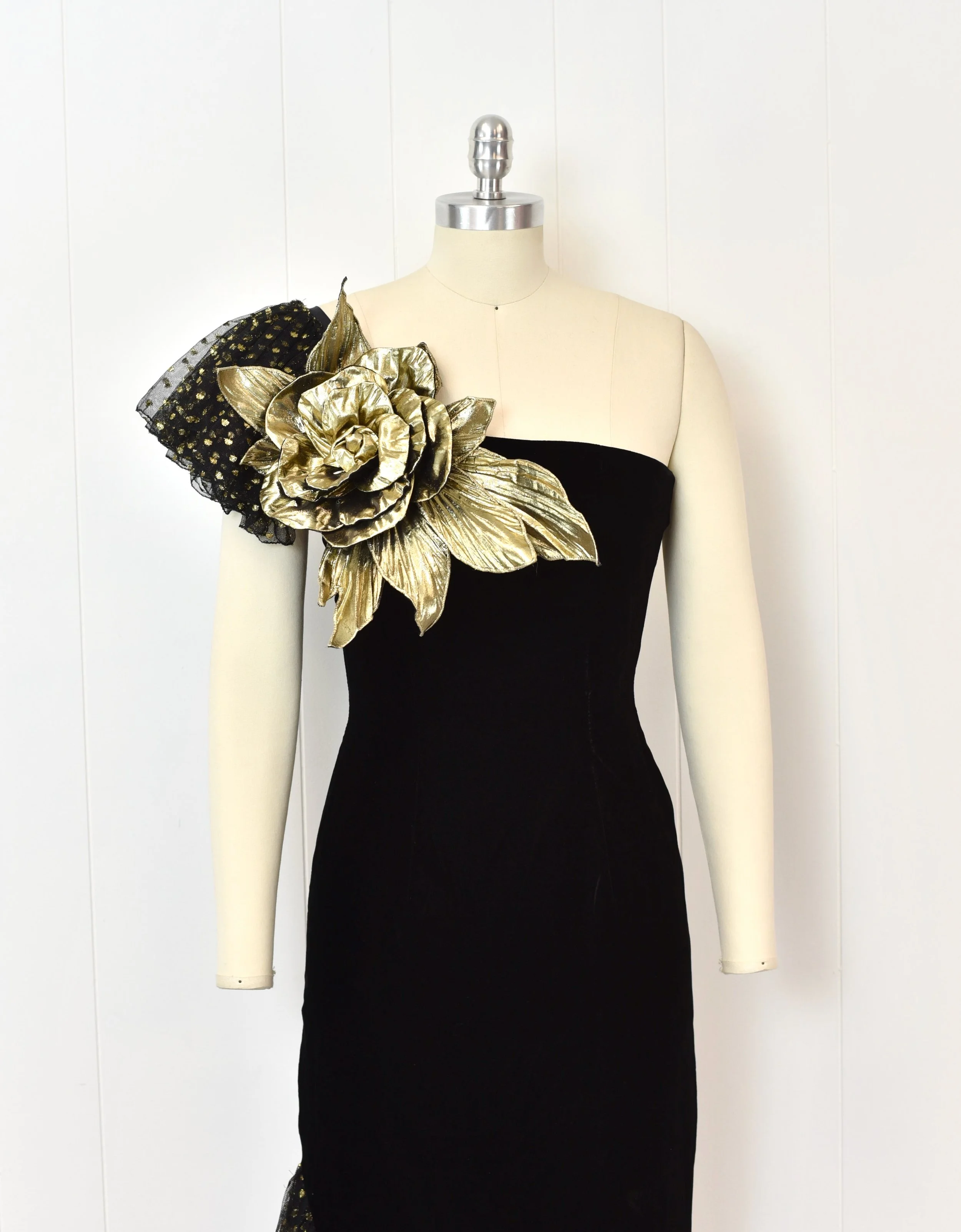 1980s Eugene Alexander Black Velvet Gold Polka Dot Floral Tulle Mermaid Party  Maxi Dress Gown  Canned Ham Vintage