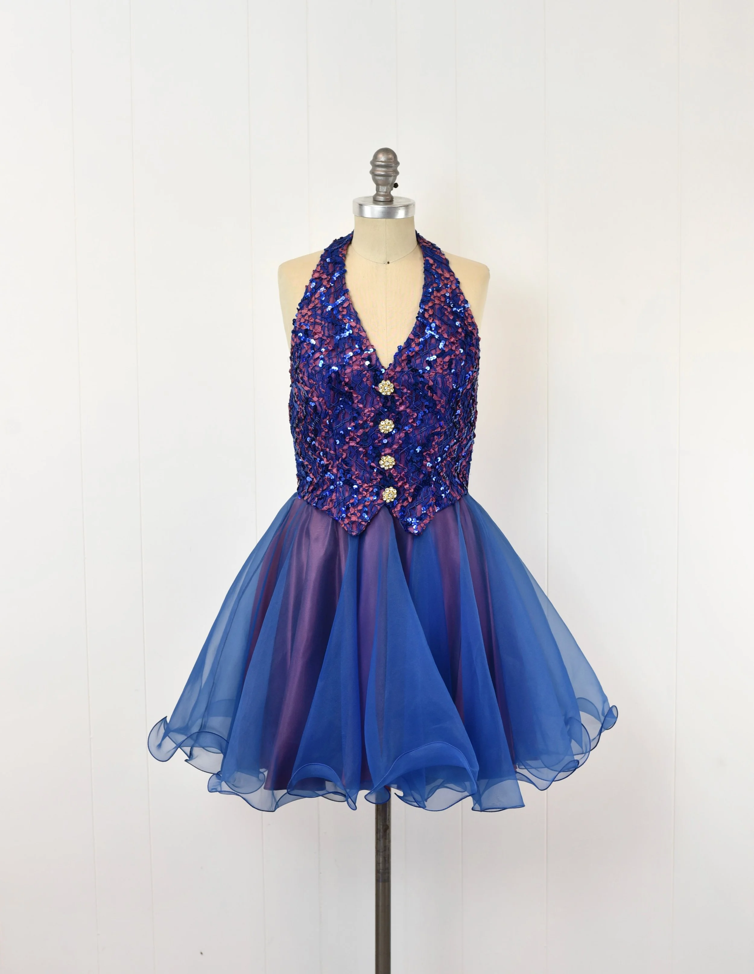 1980s/1990s Sequin Rhinestone Blue Purple Faviana New York Party Mini Halter Dress  Canned Ham Vintage
