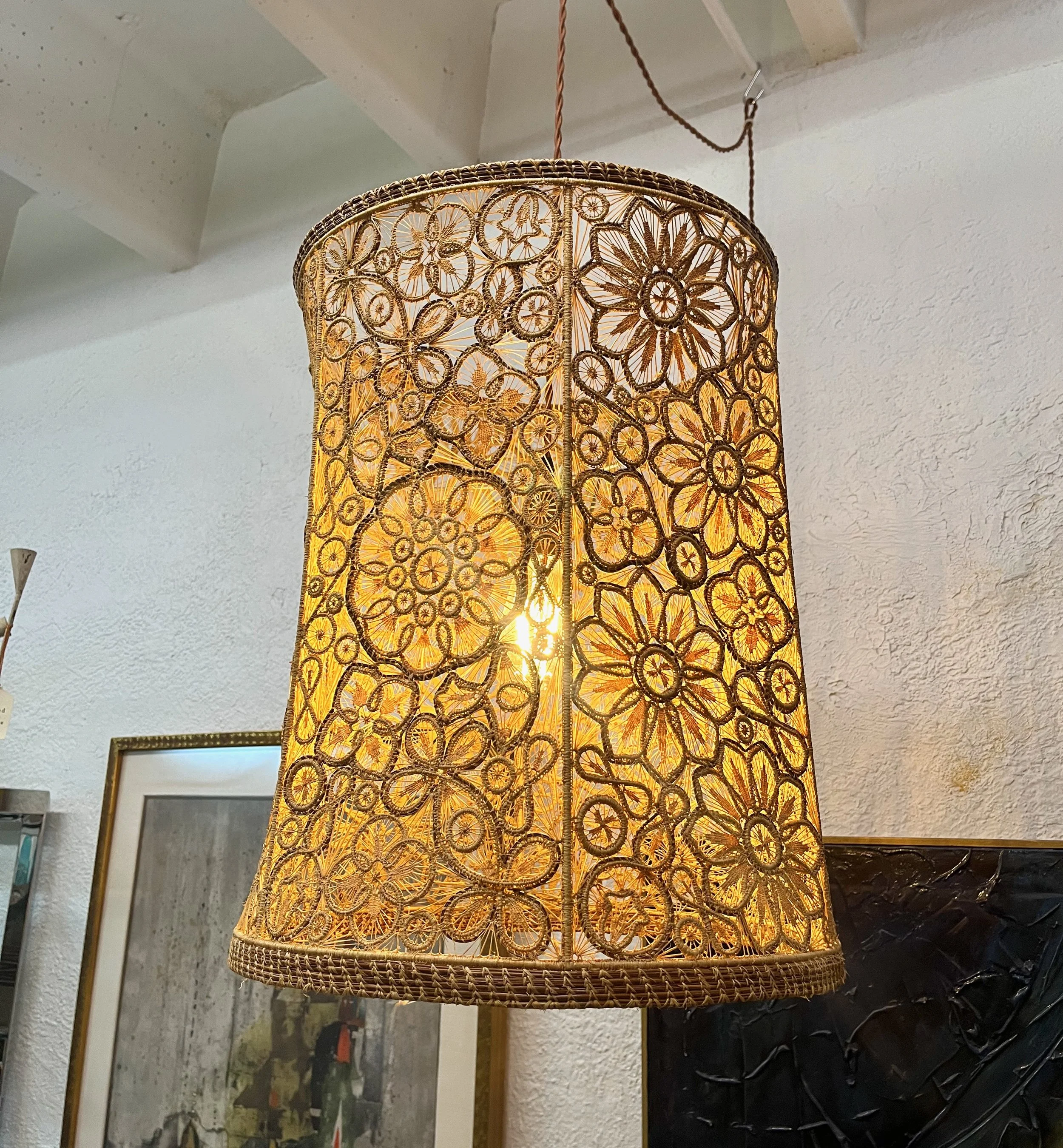 1960s/1970s Pine Needle Floral Woven Handmade Swag Lamp Shade