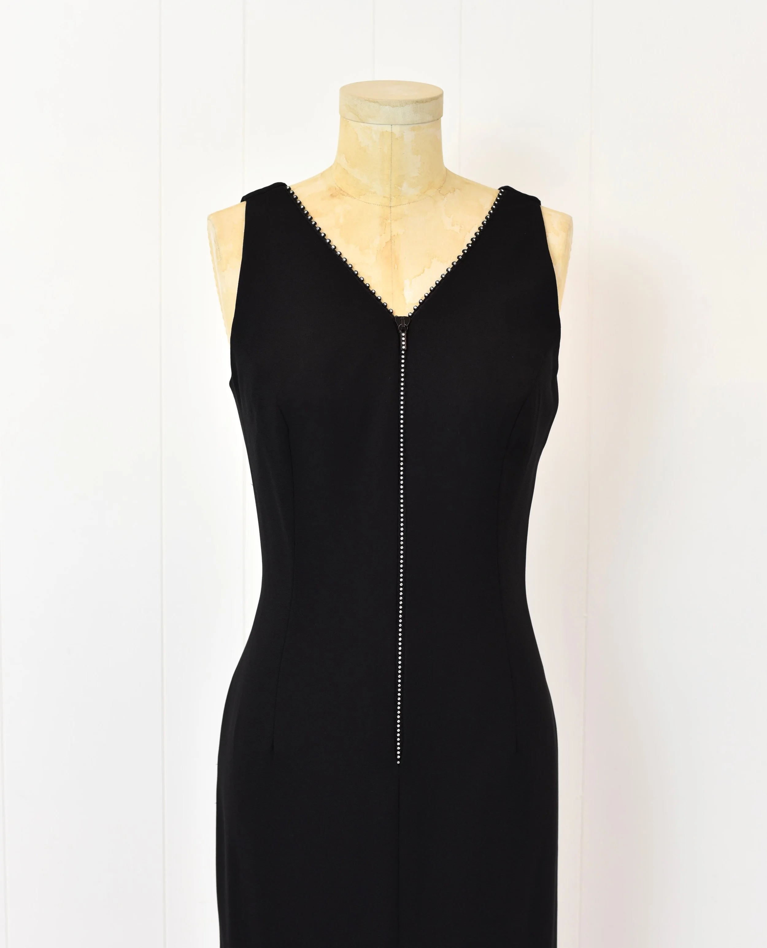 1980s Rhinestone Front Zip Black Karen Lawrence by Matthew Bombshell Party Maxi Dress Gown  Canned Ham Vintage