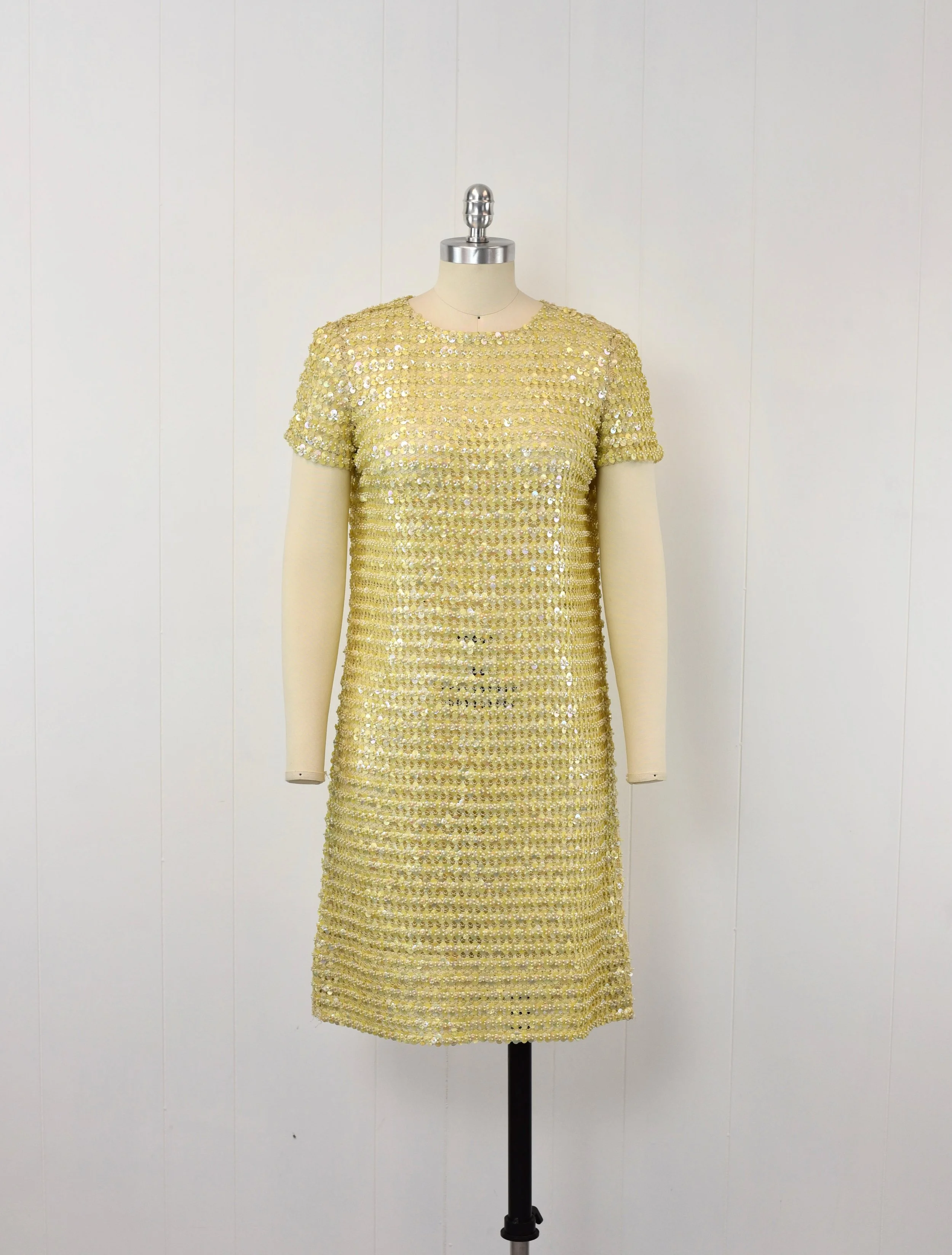 1960s Yellow AB Sequin Pearl Bead Sheer Party Mod Shift Dress Canned Ham Vintage 1960s Yellow AB Sequin Pearl Bead Sheer Party Mod Shift Dress Canned Ham Vintage