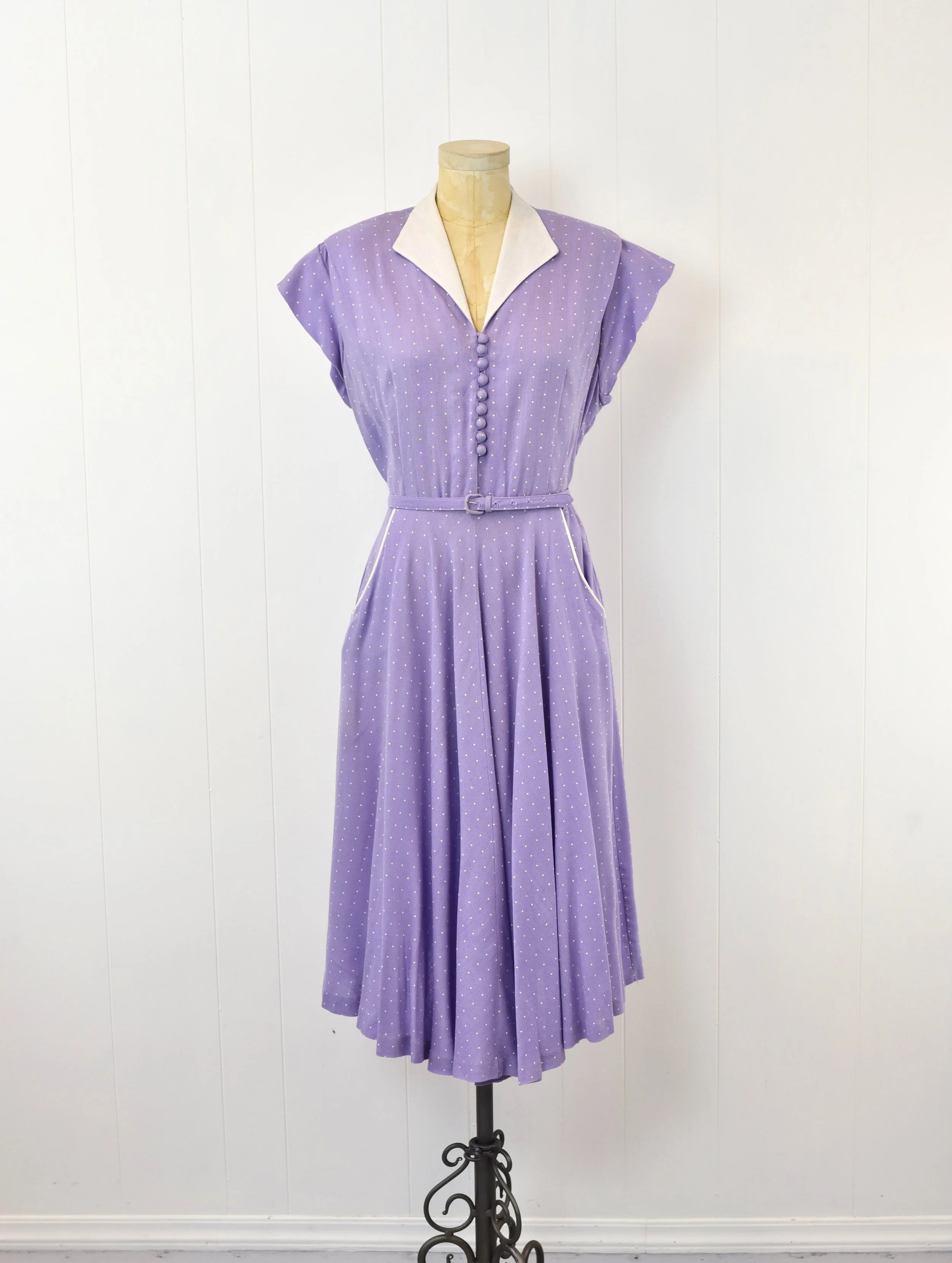 1940s/1950s Polka Dot Purple Lavender White Pinup Day Dress