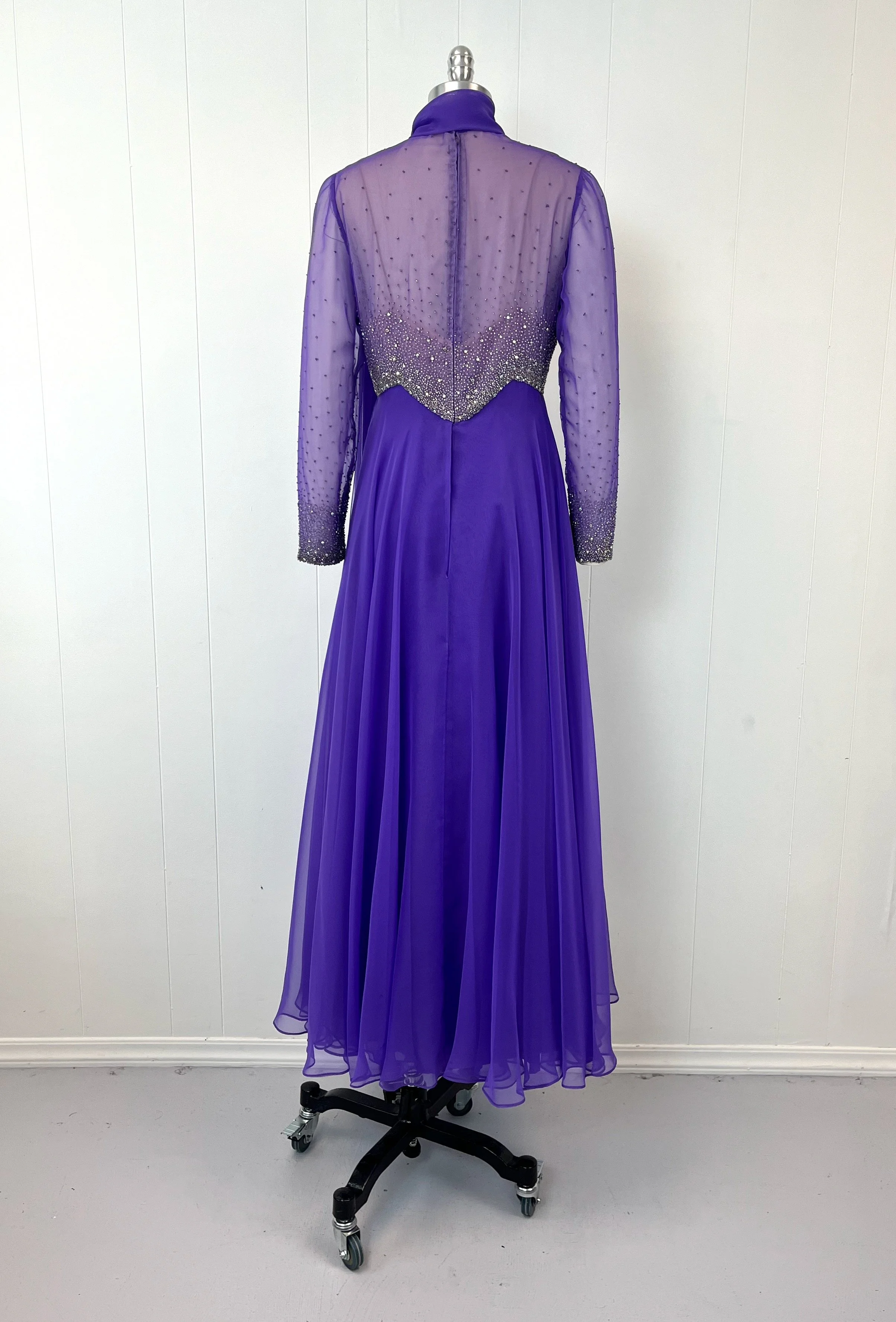1960s/1970s Victoria Royal Purple Chiffon Rhinestone Beaded Party Maxi Dress  Gown  Canned Ham Vintage
