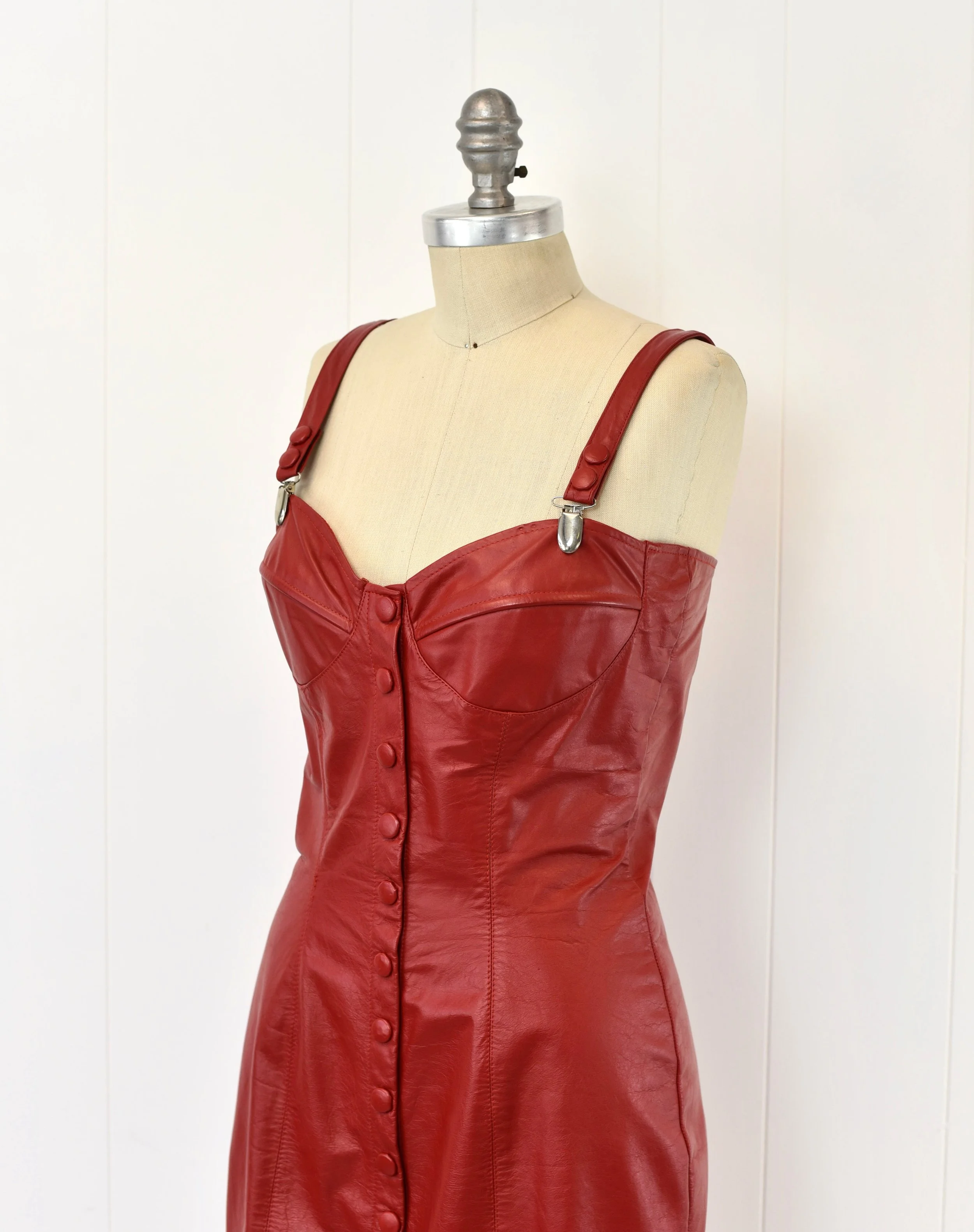 1980s/1990s Red Leather Snap Front Brazen Pencil Wiggle Party Mini Dress  Canned Ham Vintage