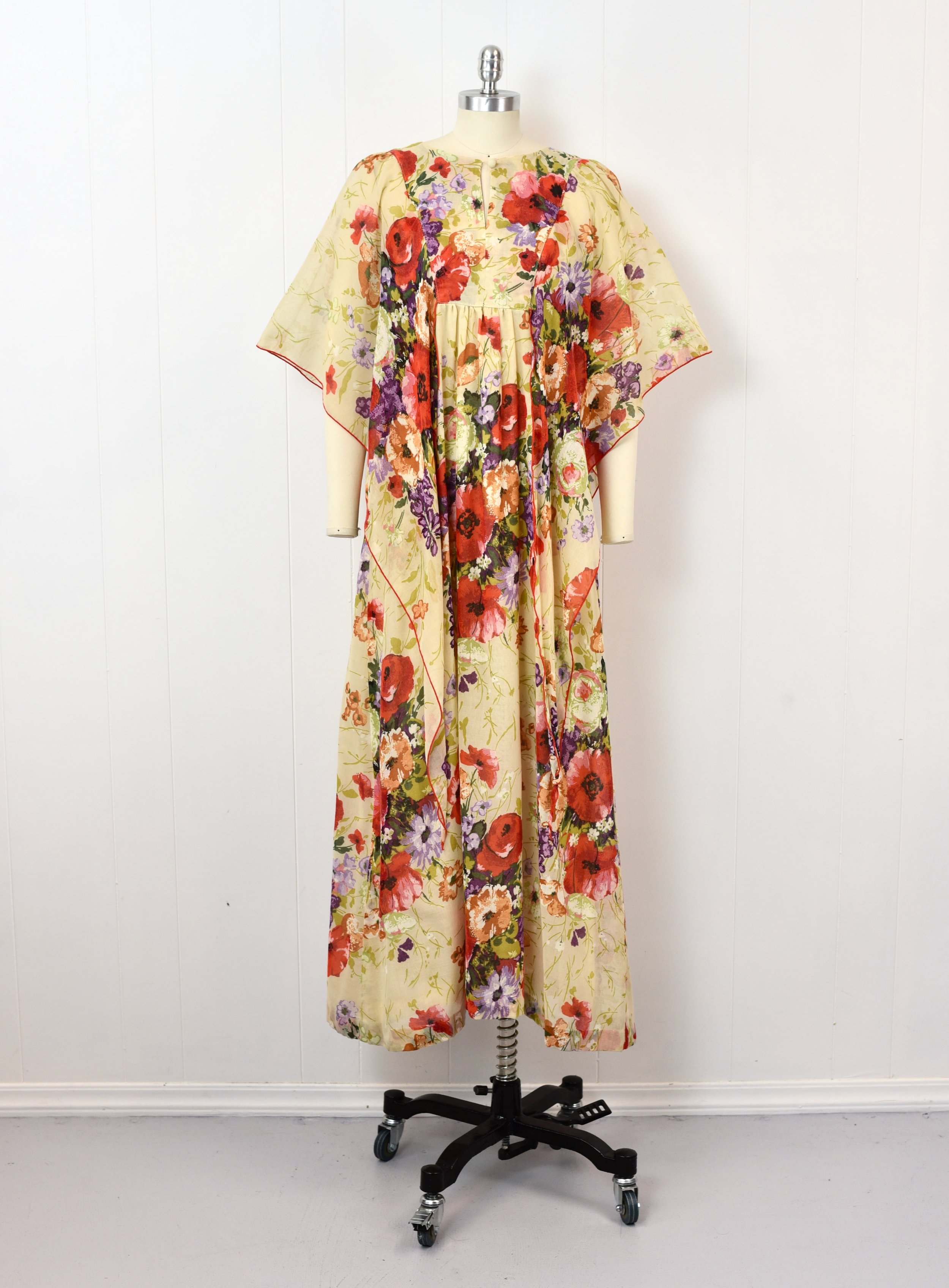 1970s Poppy Floral Garden Angel Wing Sleeve Sheer Cotton Boho Hippie Maxi Dress  Canned Ham Vintage