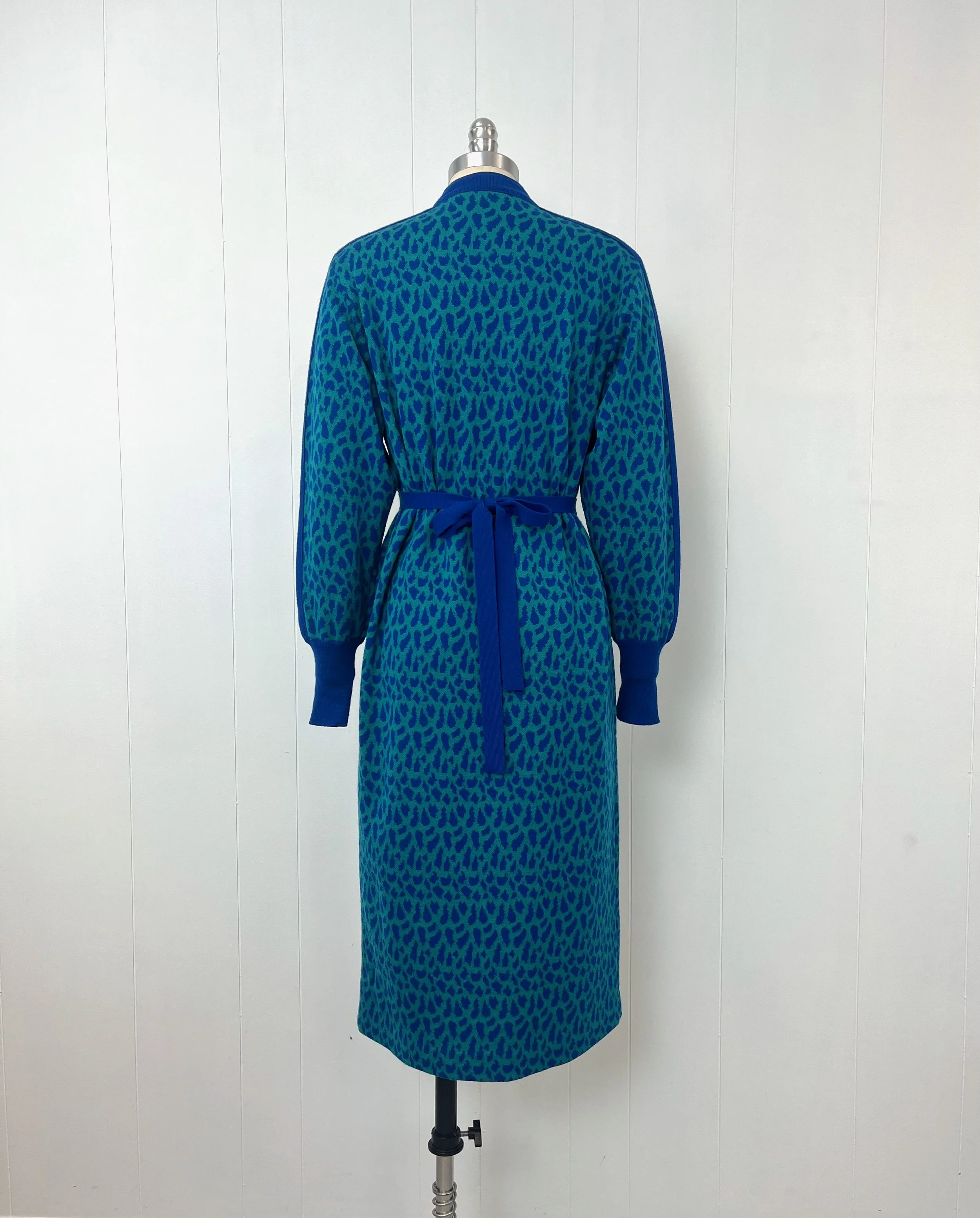 1970s Teal Blue Cheetah Animal Print Wool Casi Long Sleeve Sweater Dress with Matching Belt  Canned Ham Vintage