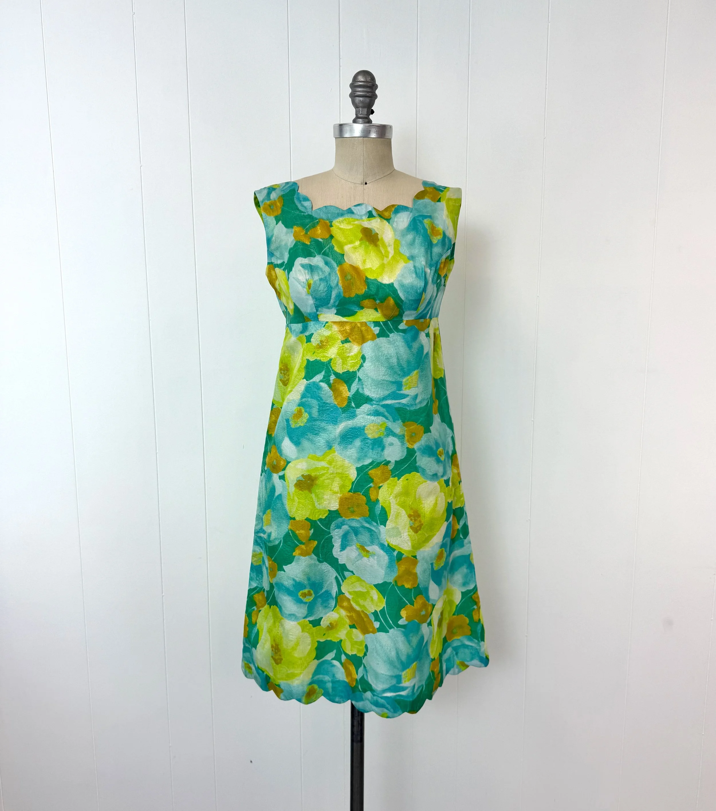 1960s Floral Print Blue Teal Green Scalloped Empire Waist Dress  Canned  Ham Vintage