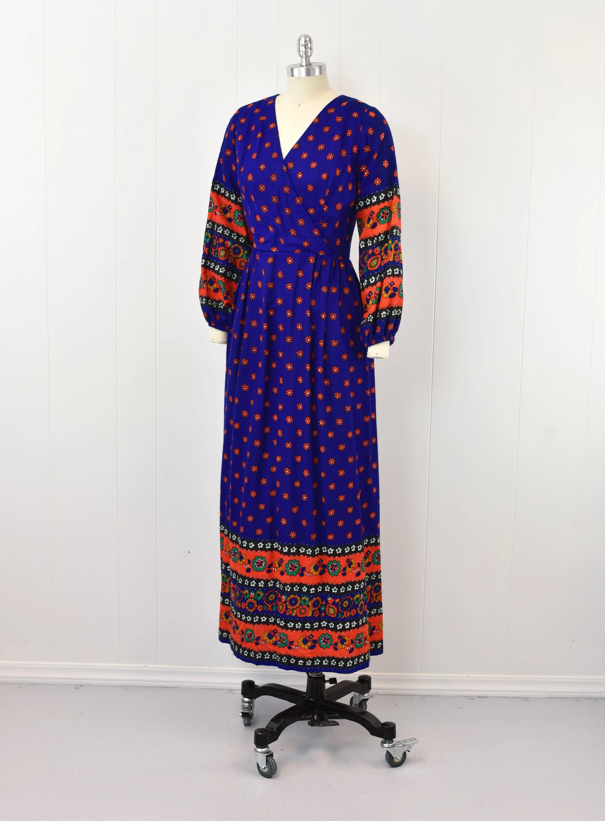 1970s Floral Psychedelic Colorful Blue Orange Red Balloon Sleeve Hippie Boho Maxi Dress  Canned Ham Vintage