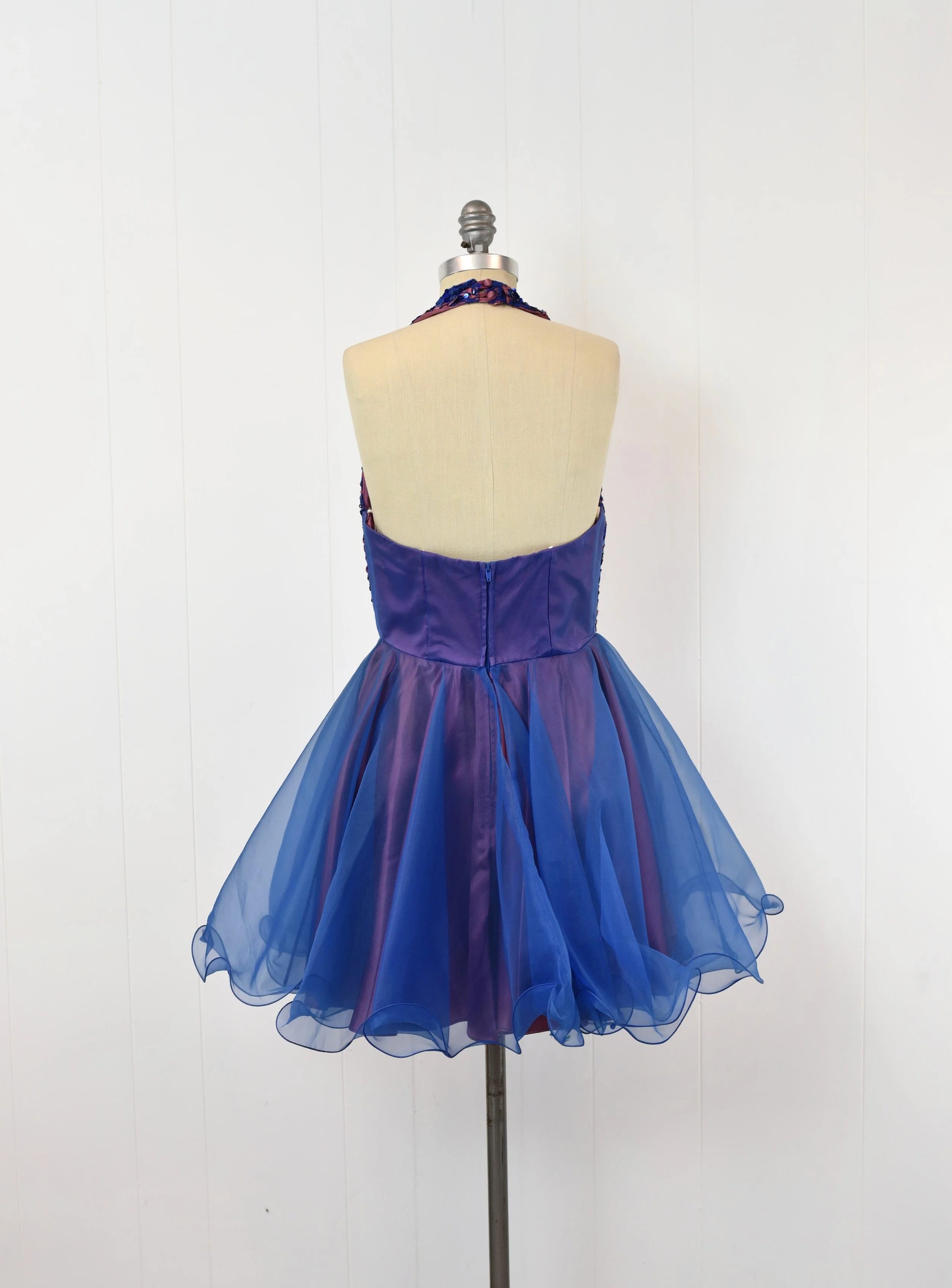 1980s/1990s Sequin Rhinestone Blue Purple Faviana New York Party Mini Halter Dress Canned Ham Vintage 1980s/1990s Sequin Rhinestone Blue Purple Faviana New York Party Mini Halter Dress Canned Ham Vintage