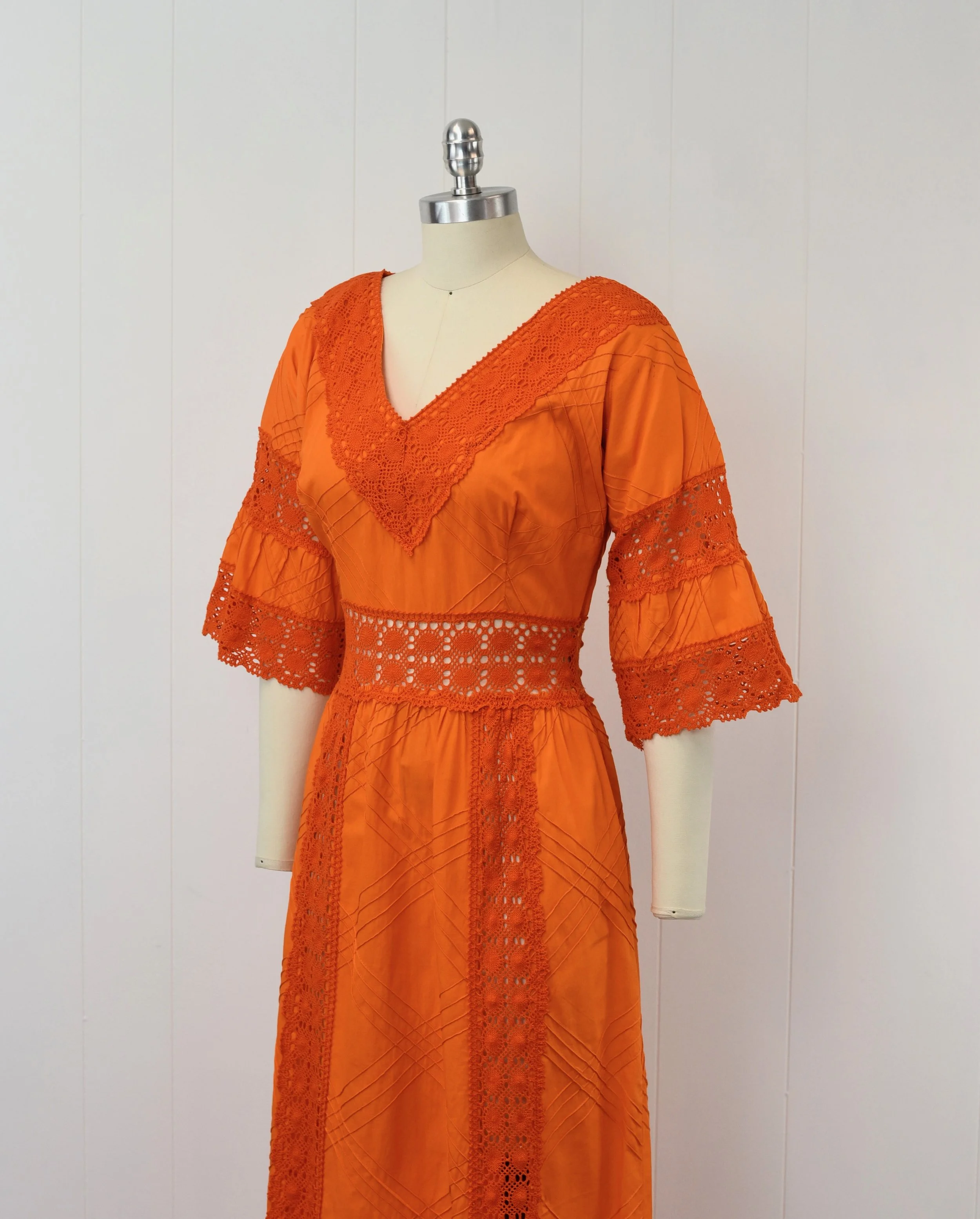 1970s Orange Crochet Lace Bell Sleeve Mexican Wedding Boho Hippie