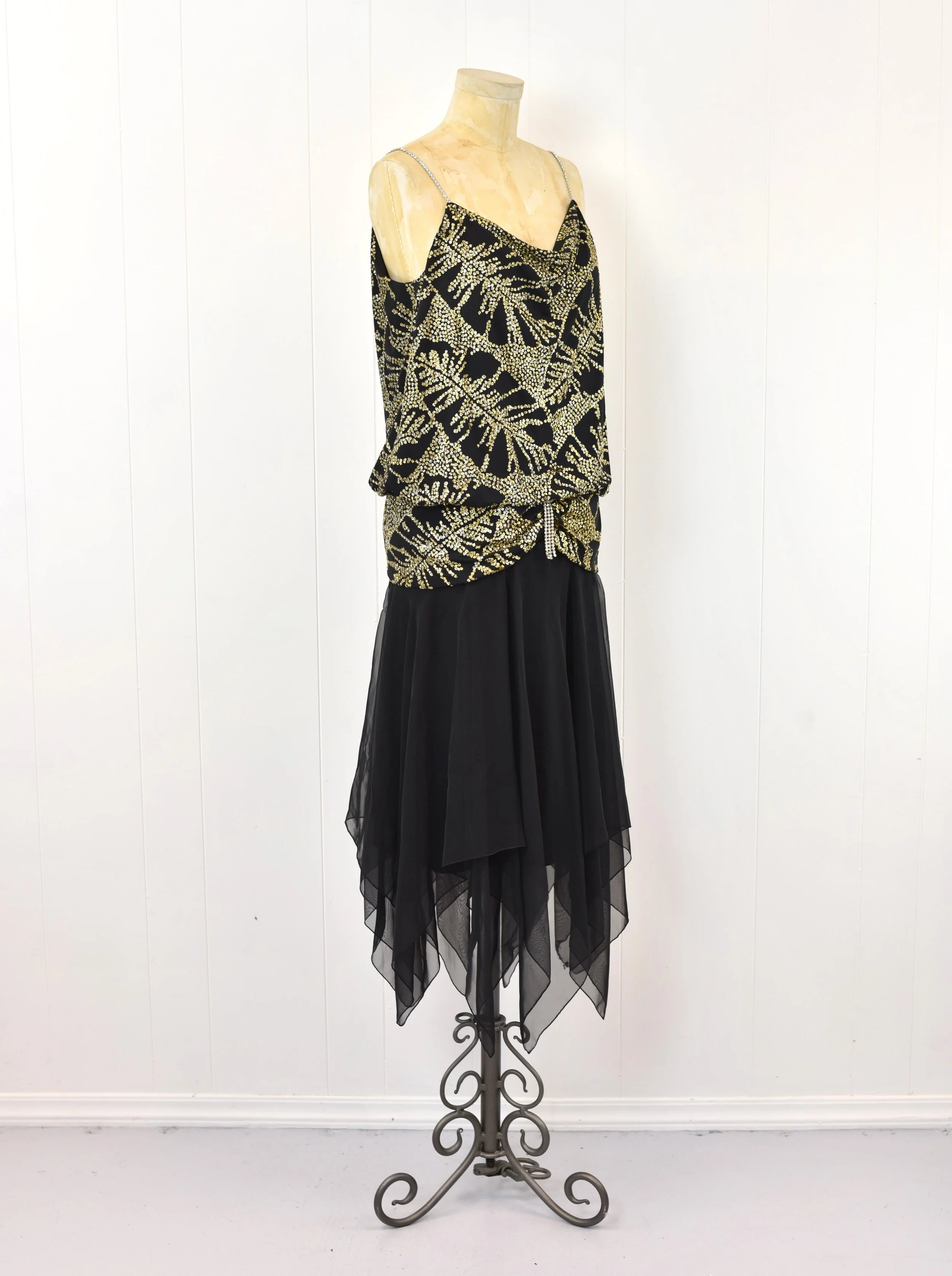 1980s Does 1920s Glitter Rhinestone Gold Silver Chiffon Hankie Hem Flapper Art Deco Style Pat Richards by Michael Maiello Party Dress  Canned Ham