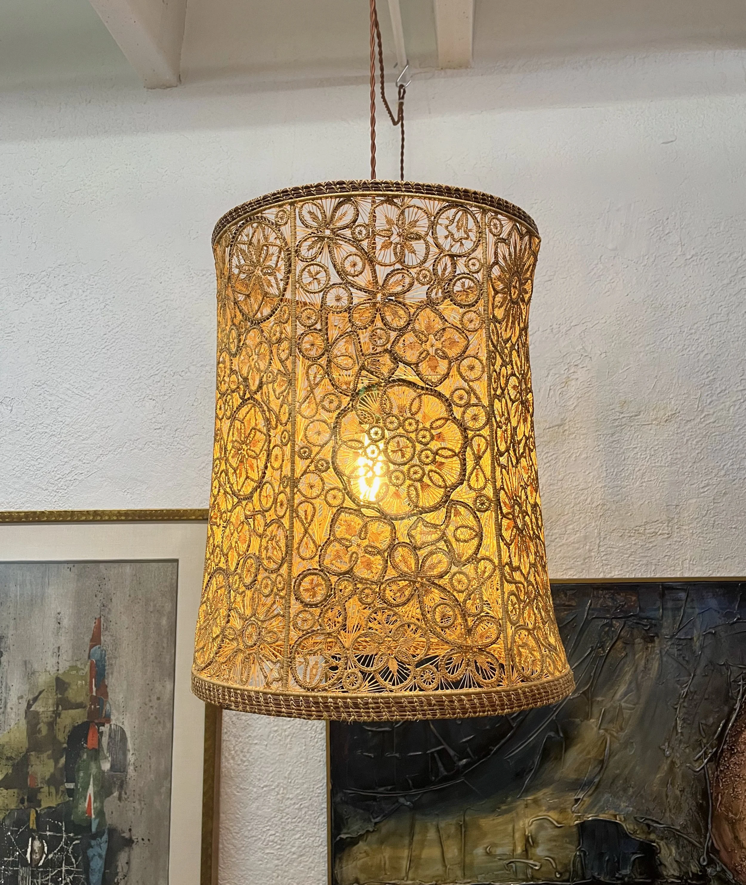 1960s/1970s Pine Needle Floral Woven Handmade Swag Lamp Shade