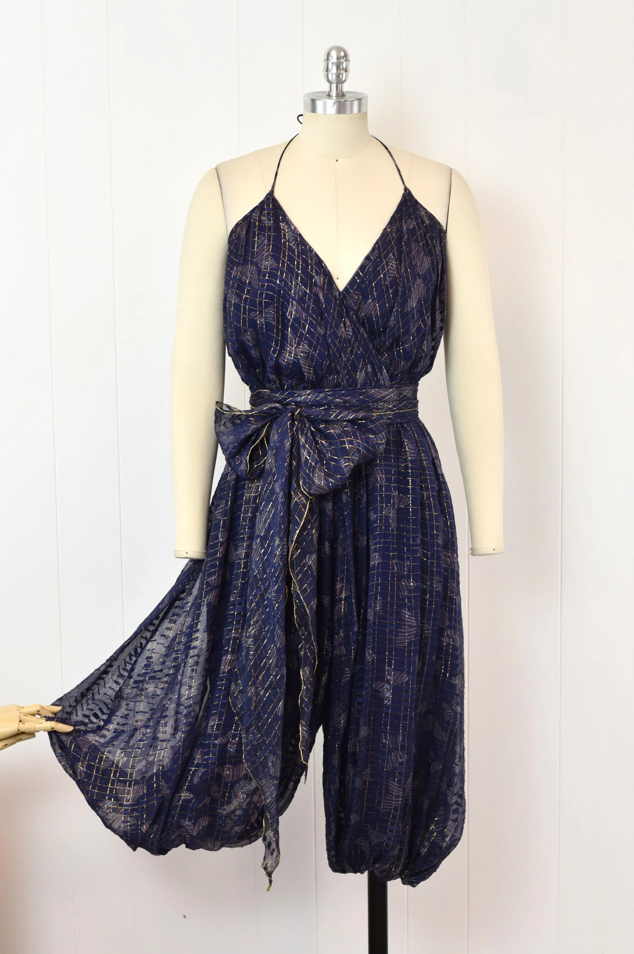 1970s Chiffon Butterfly Novelty Print Navy Blue Metallic Gold One Piece Harem Balloon Jumpsuit with Sash Belt