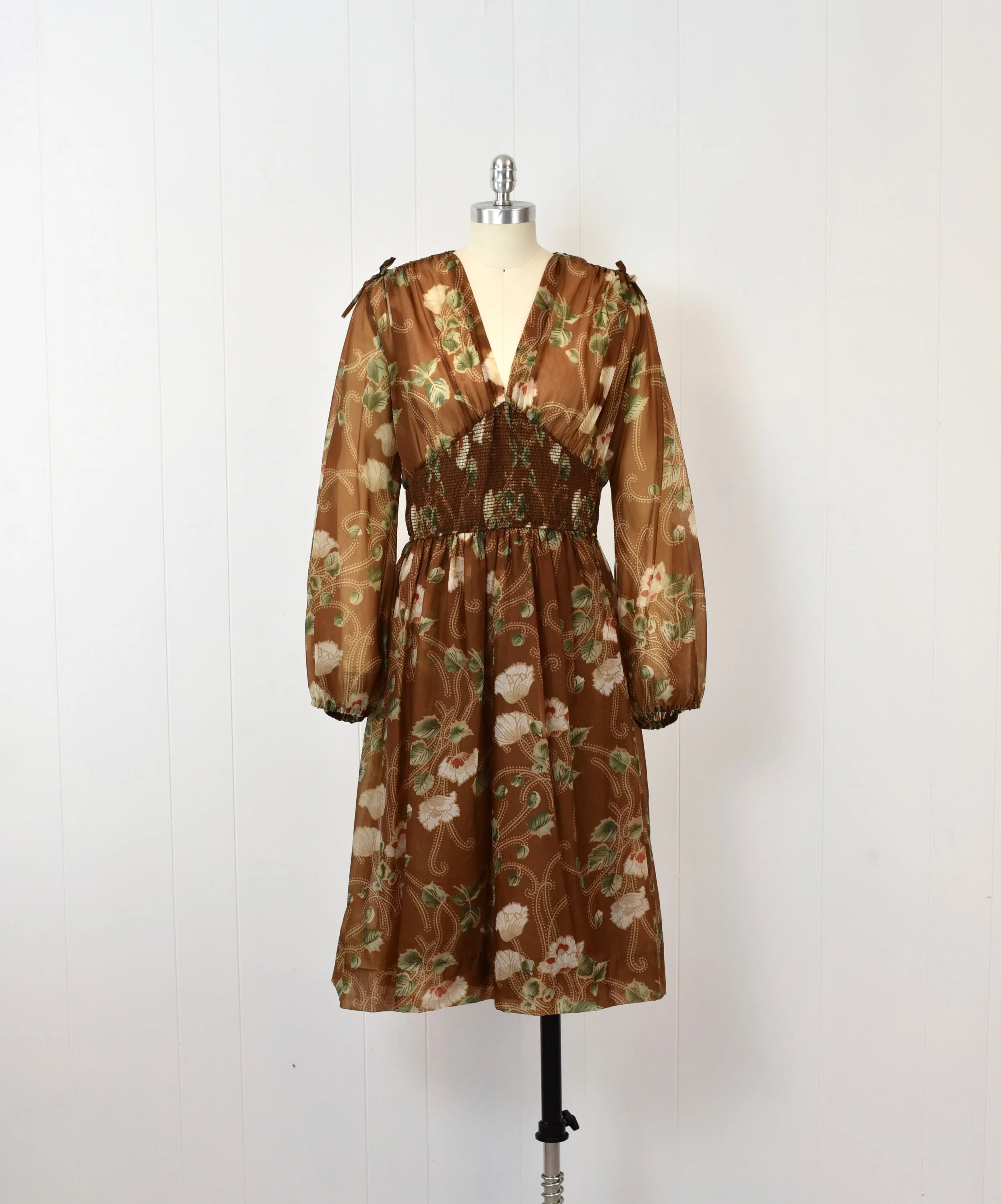 1970s Brown Floral Sheer Balloon Sleeve Boho Hippie Dress  Canned Ham  Vintage