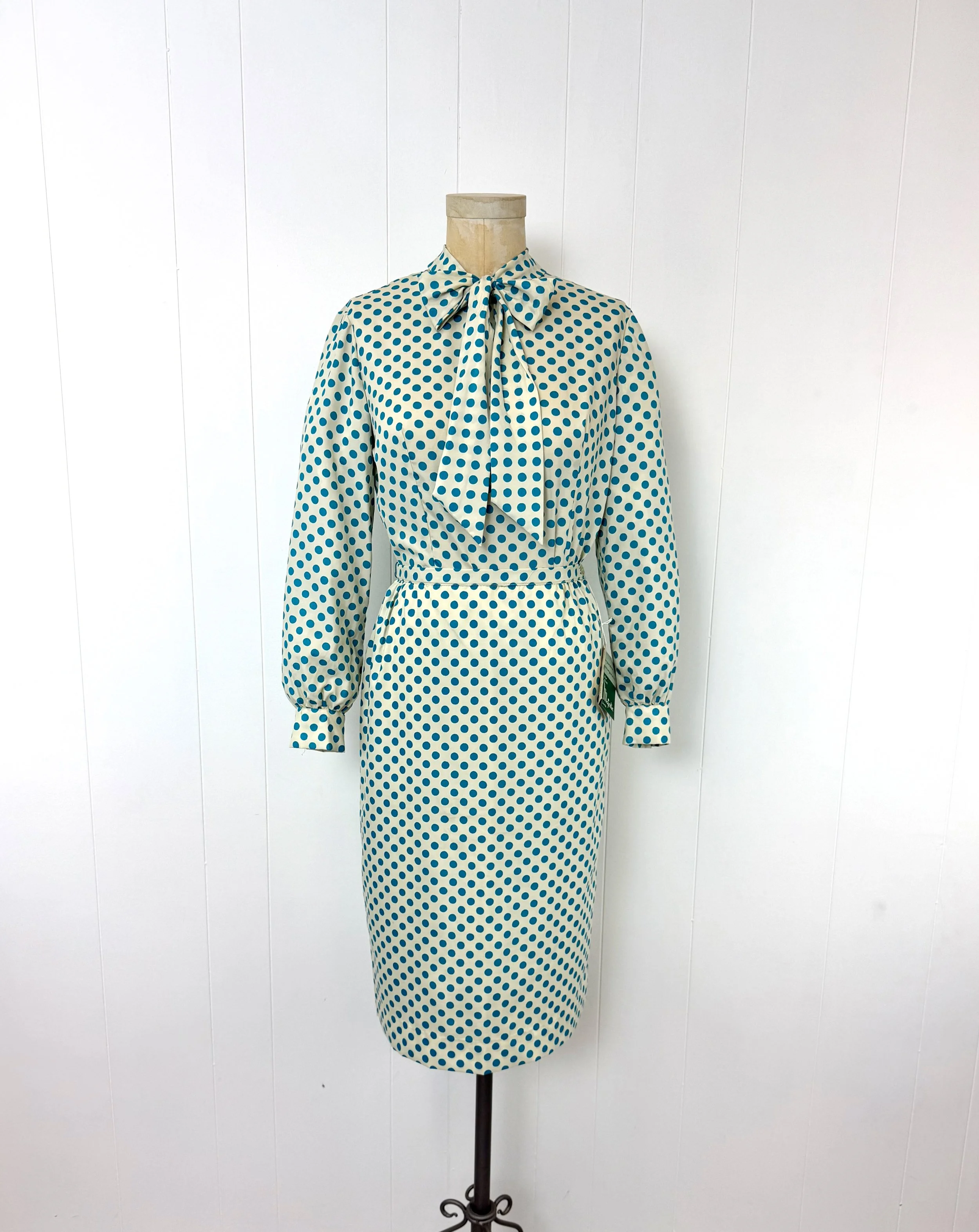 NOS 1950s/1960s Polka Dot Blue White Pussy Bow Blouse Skirt Mid 