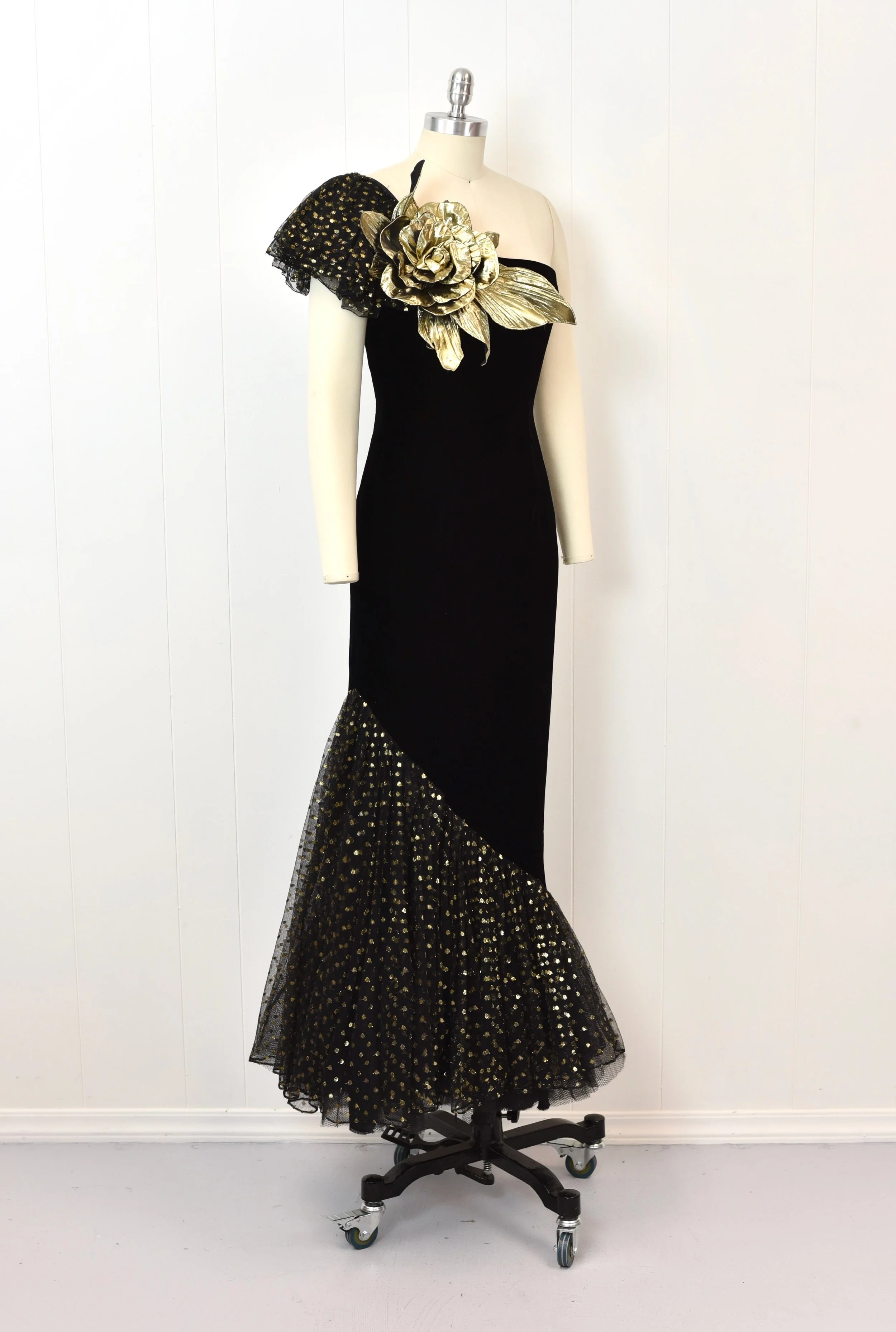 1980s Eugene Alexander Black Velvet Gold Polka Dot Floral Tulle Mermaid Party Maxi Dress Gown Canned Ham Vintage 1980s Eugene Alexander Black Velvet Gold Polka Dot Floral Tulle Mermaid Party Maxi Dress Gown Canned Ham Vintage