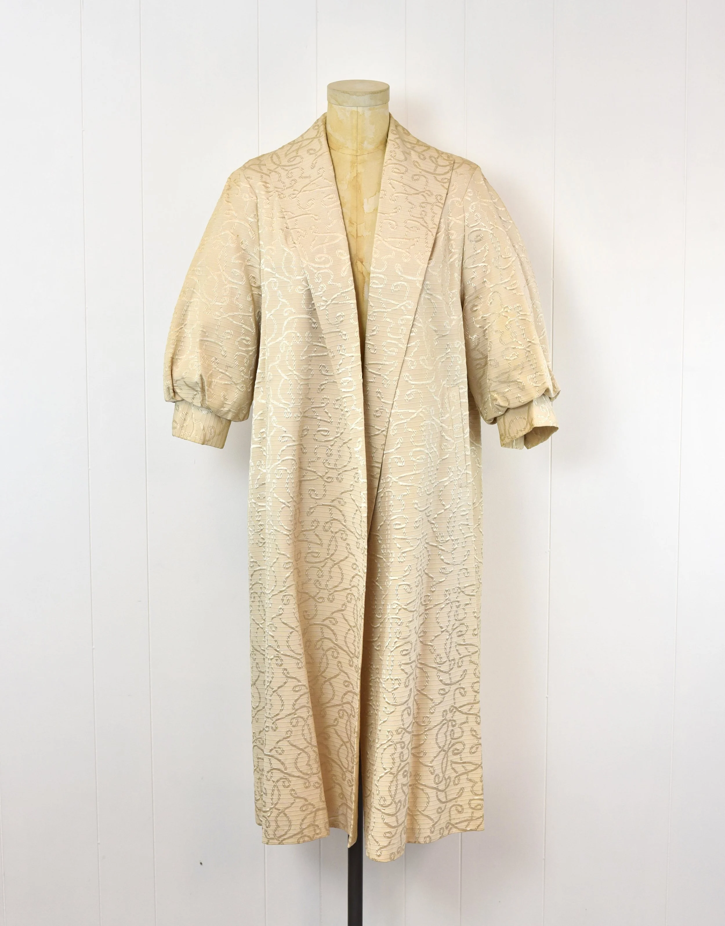 1960s Beige Embroidered Brocade Open Front Mid Century Duster Coat As Is