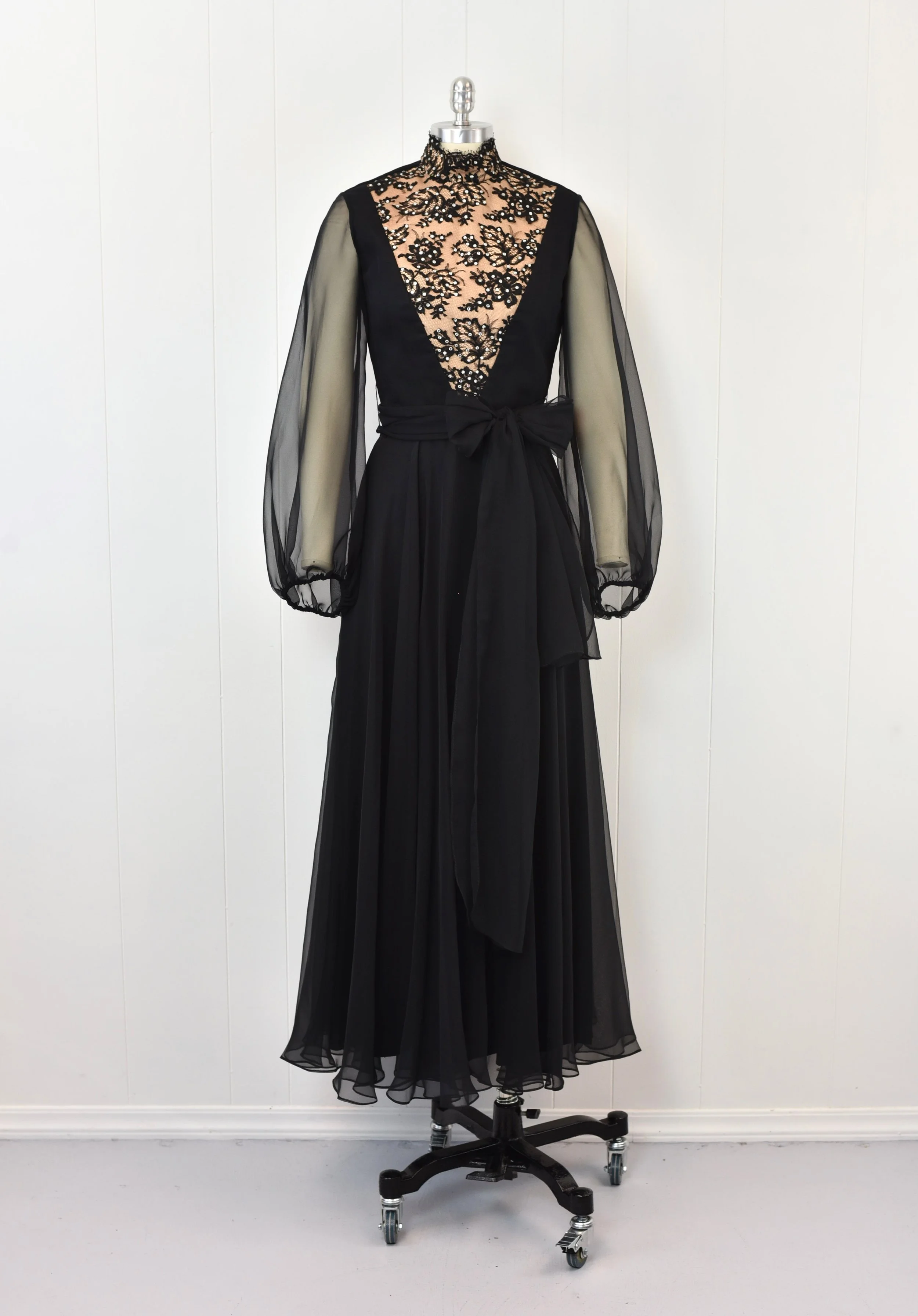 1970s Illusion Lace Rhinestone Black Chiffon Balloon Sleeve Party Formal Maxi Dress Gown — Canned Ham Vintage