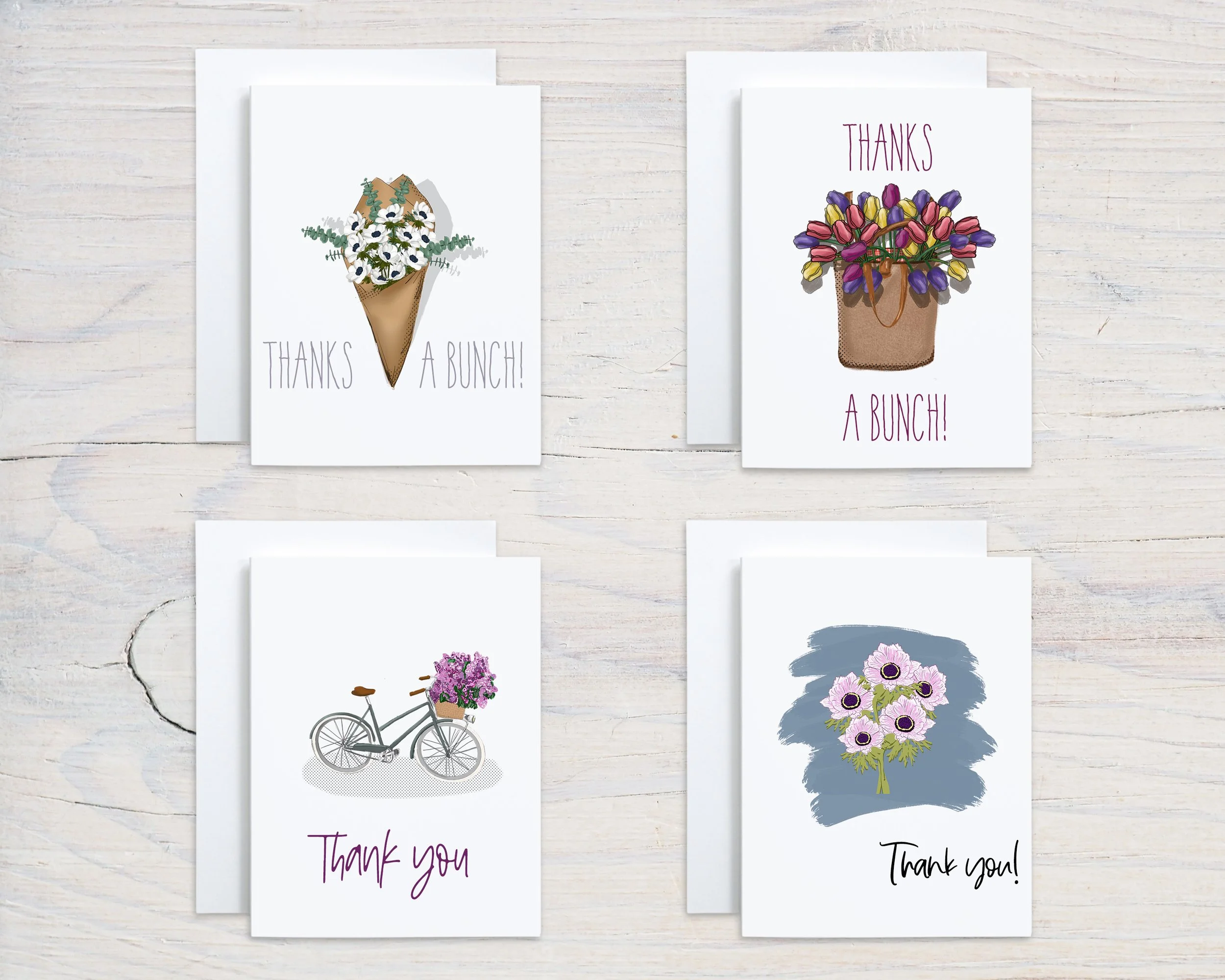 Variety of floral A2 size thank you cards with blank interior