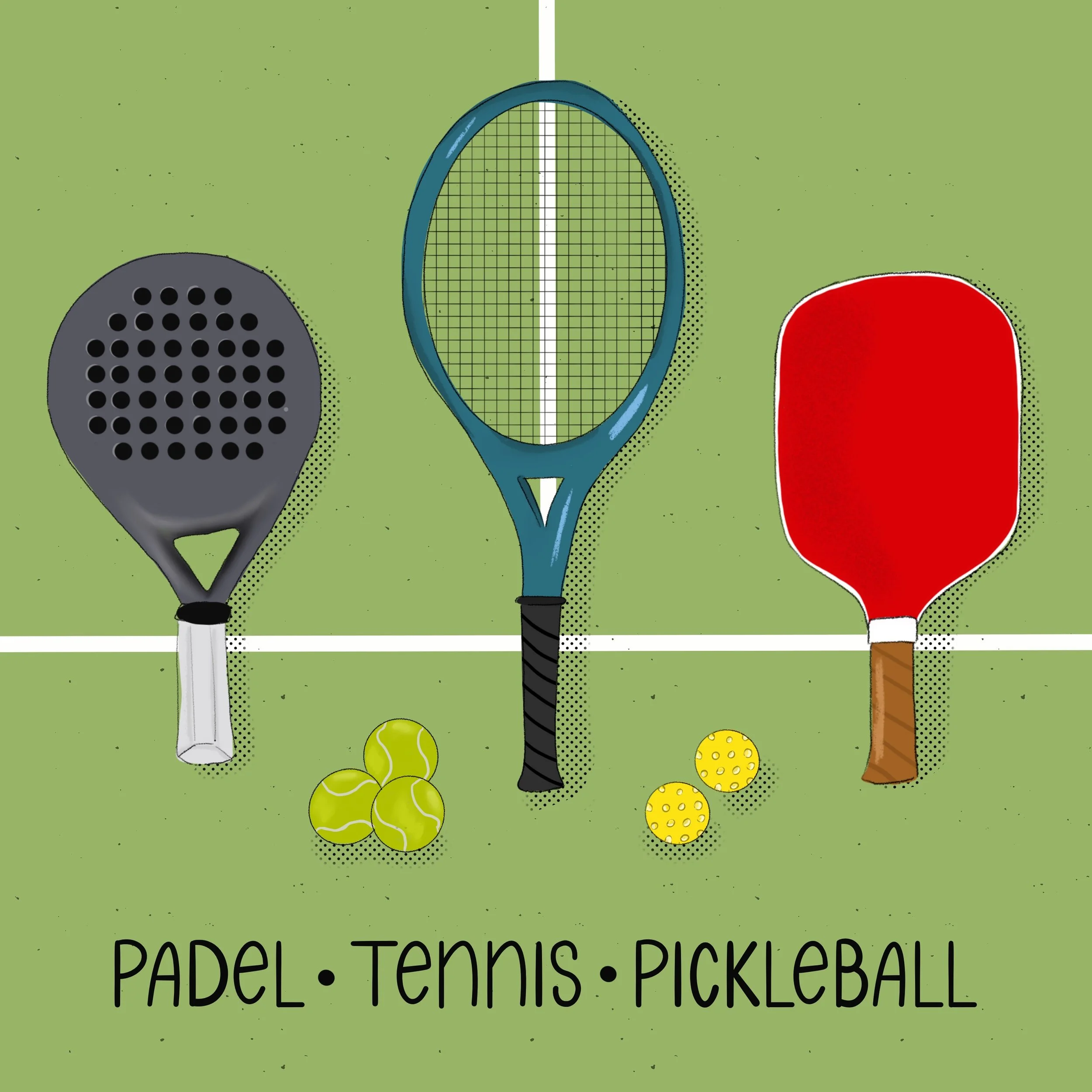 Illustration of a padel racket, tennis racket, and pickleball paddle arranged on a green court, with corresponding balls for each sport below them and the text 'Padel, Tennis, Pickleball' at the bottom