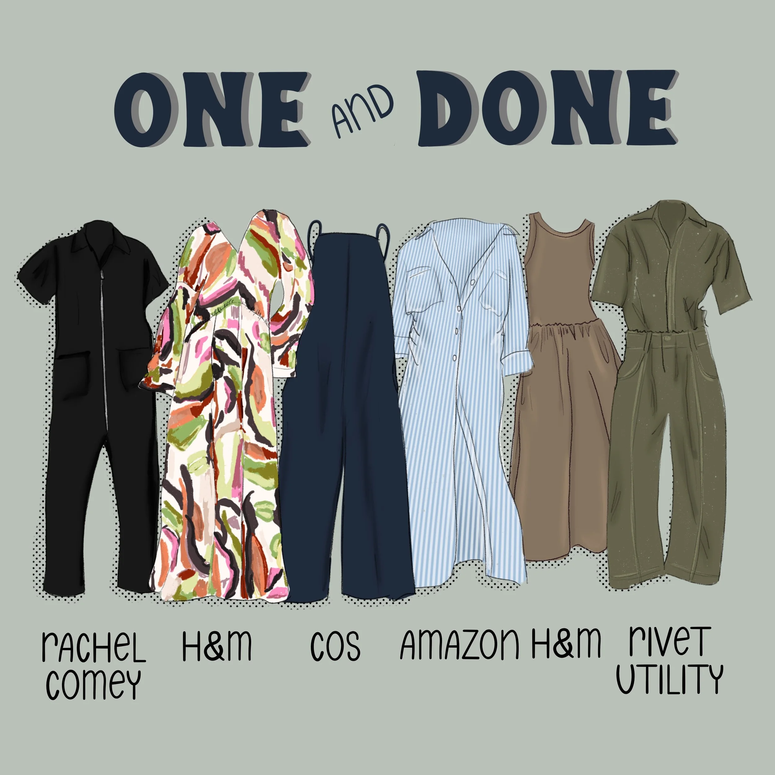 Rachel Comey Jumpsuit with zipper detail, H&M printed dress, COS Linen jumpsuit, Amazon oversized shirtdress, H&M tan dress for summer, Rivet Utility New Yorker Jumpsuit