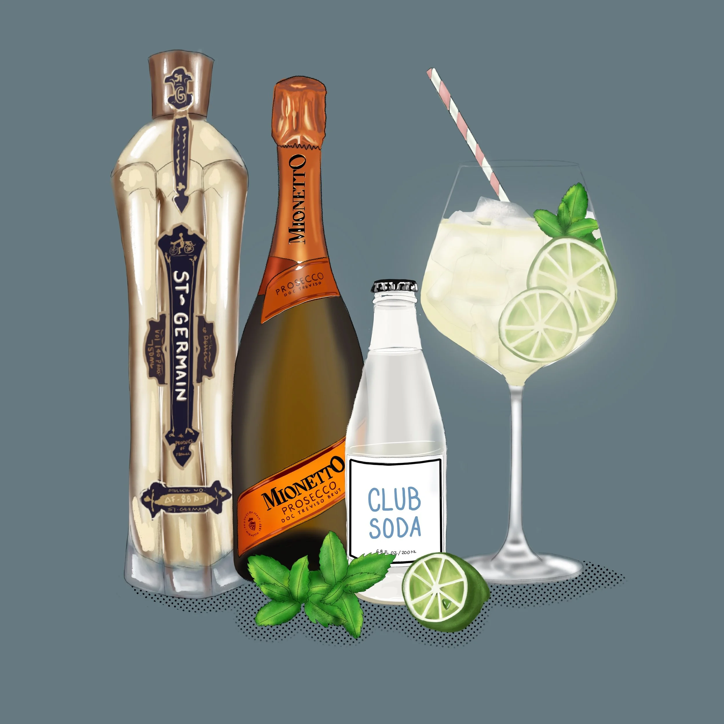 Illustration of a Hugo Spritz cocktail in a wine glass with ice, garnished with lime slices and mint leaves, alongside bottles of St-Germain, Mionetto Prosecco, and club soda on a gray background.