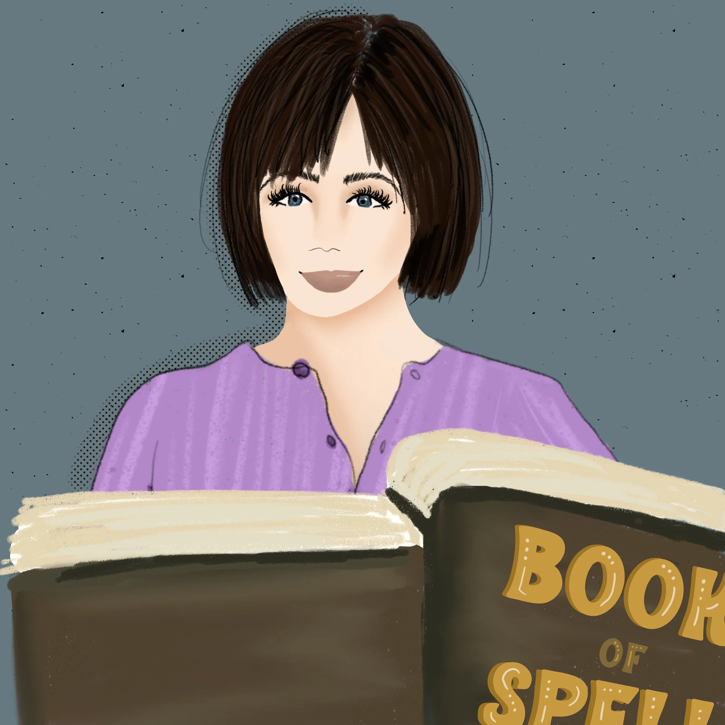 This illustration depicts a woman with short, dark brown hair, wearing a lavender top. She is holding a large book titled "Book of Spells" with a focused yet serene expression on her face. The background is a muted gray-blue