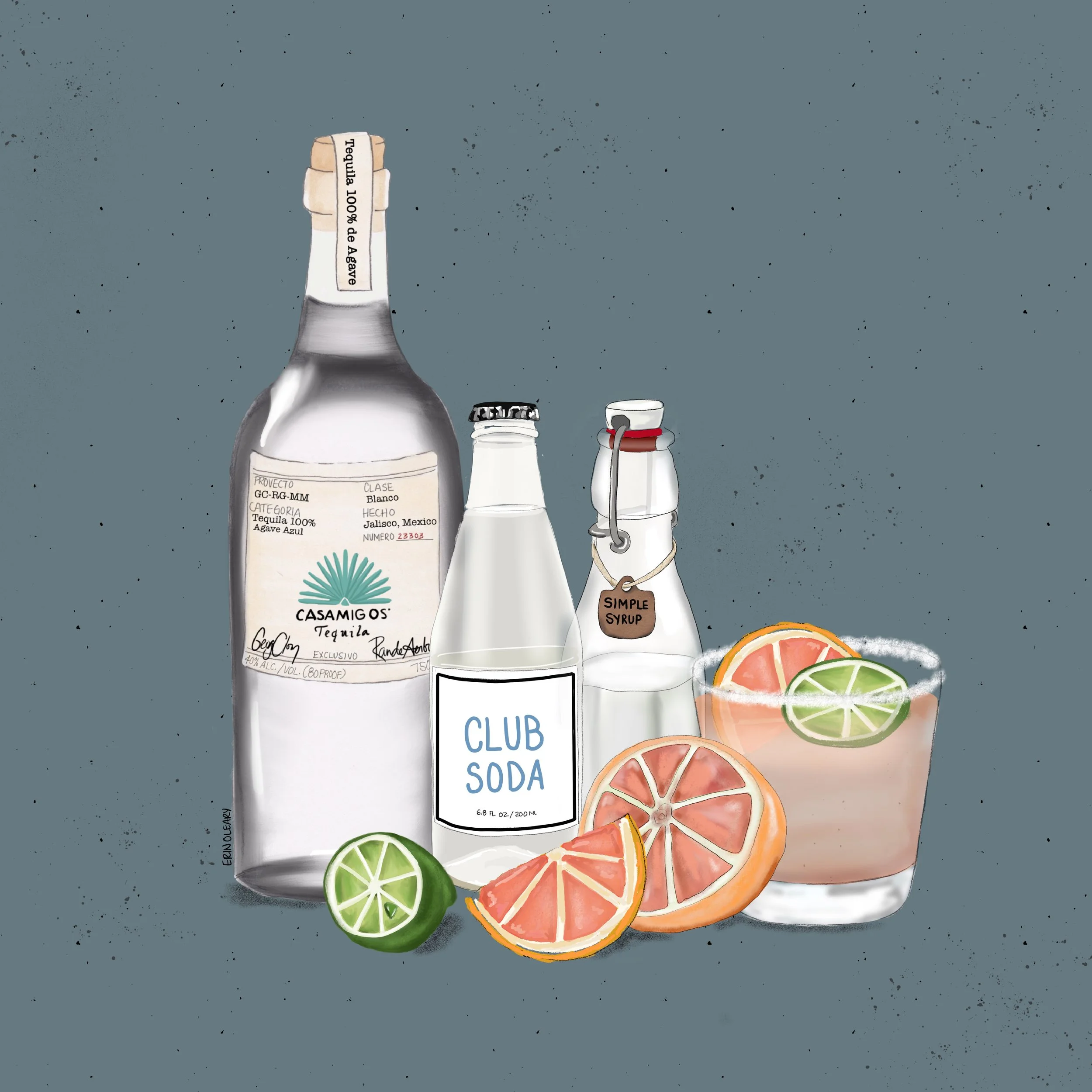 Illustration: Ingredients to make the perfect Paloma. Tequila, fresh grapefruit juice, simple syrup, club soda, and lime.