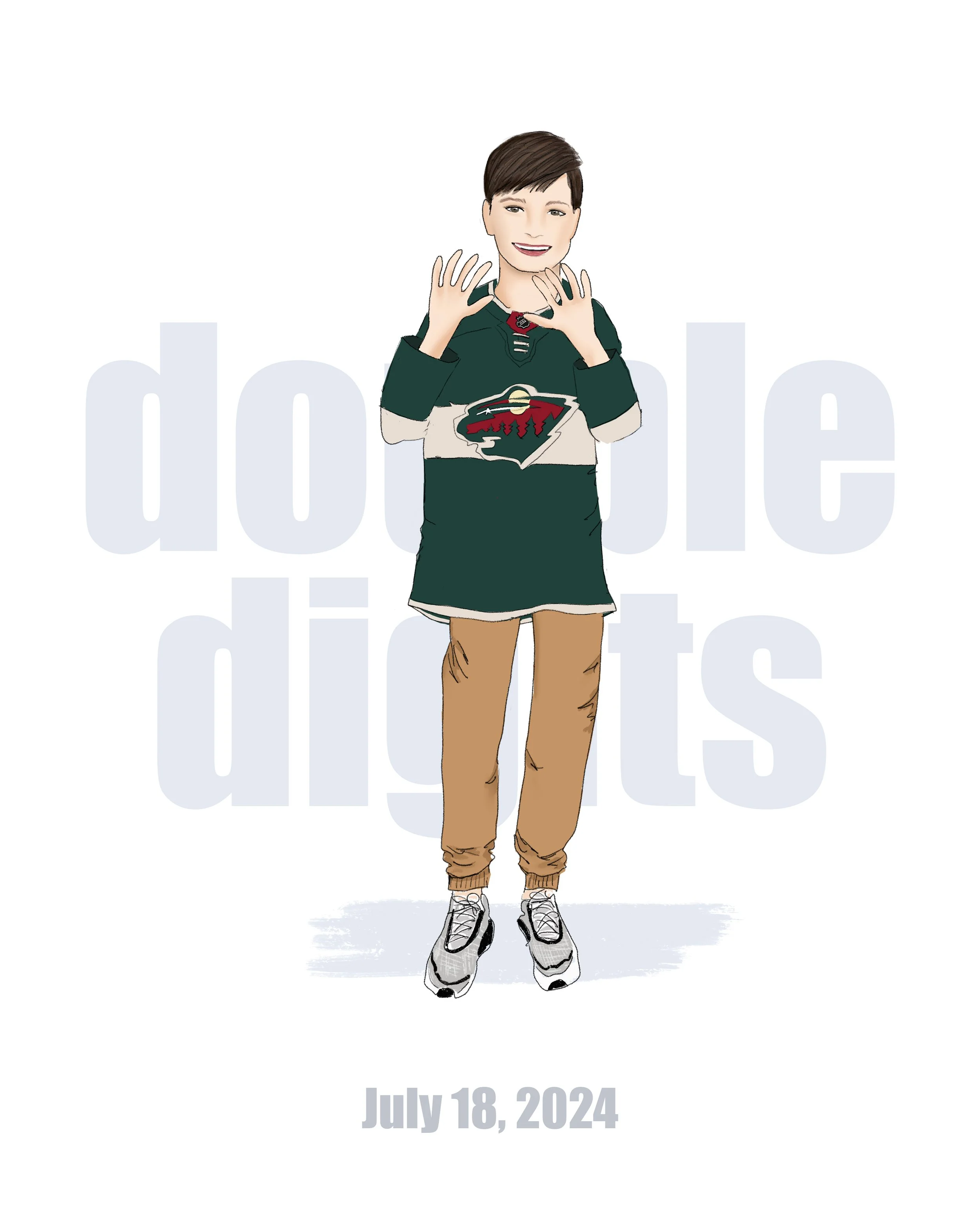 Illustration of a young boy celebrating his 10th birthday, wearing a hockey jersey, beige pants, and sneakers, with 'double digits' and 'July 18, 2024' in the background