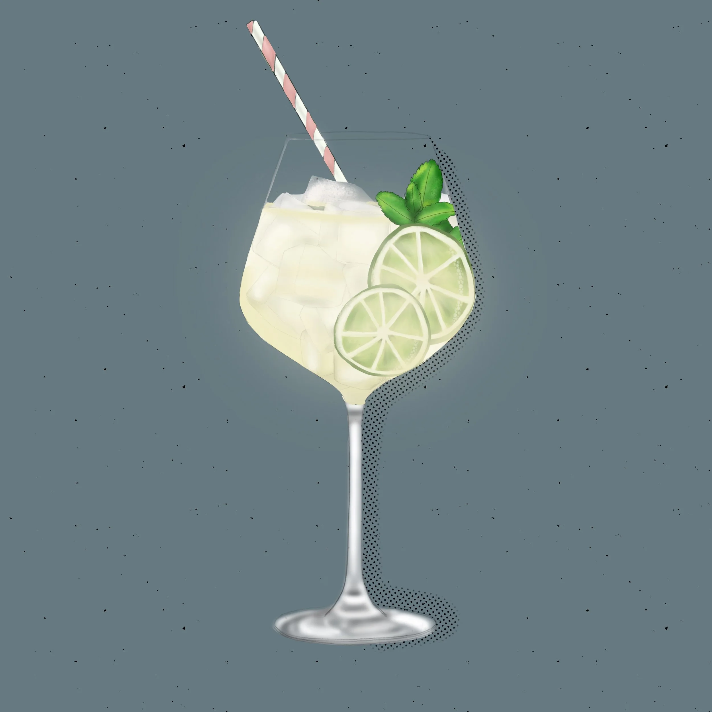 Illustration of a Hugo Spritz cocktail in a wine glass with ice, garnished with lime slices and mint leaves, with a striped straw, set against a gray background.