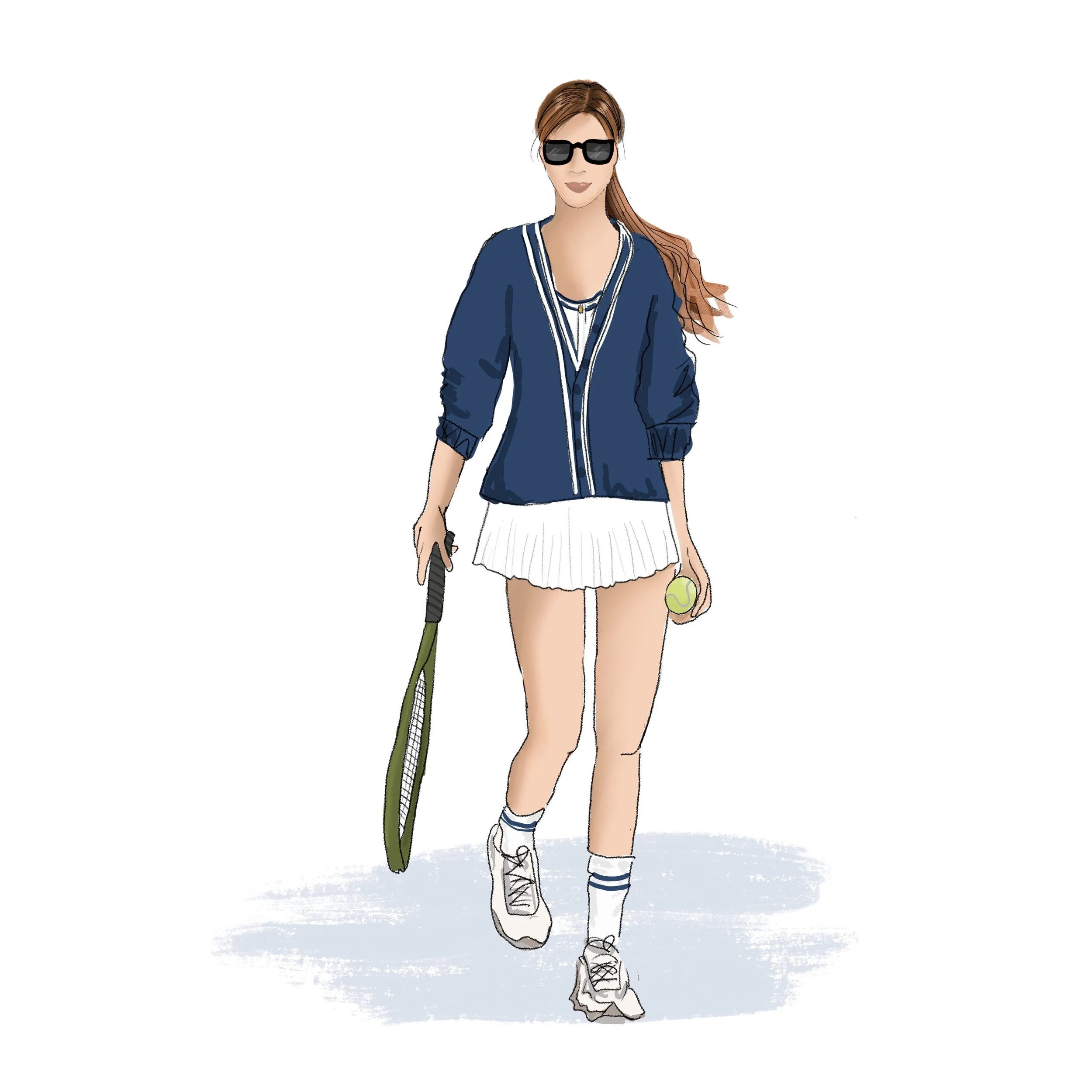 Illustration of a woman in a navy jacket and white tennis skirt holding a tennis racket and ball, wearing sunglasses, with long hair tied back, set against a plain background