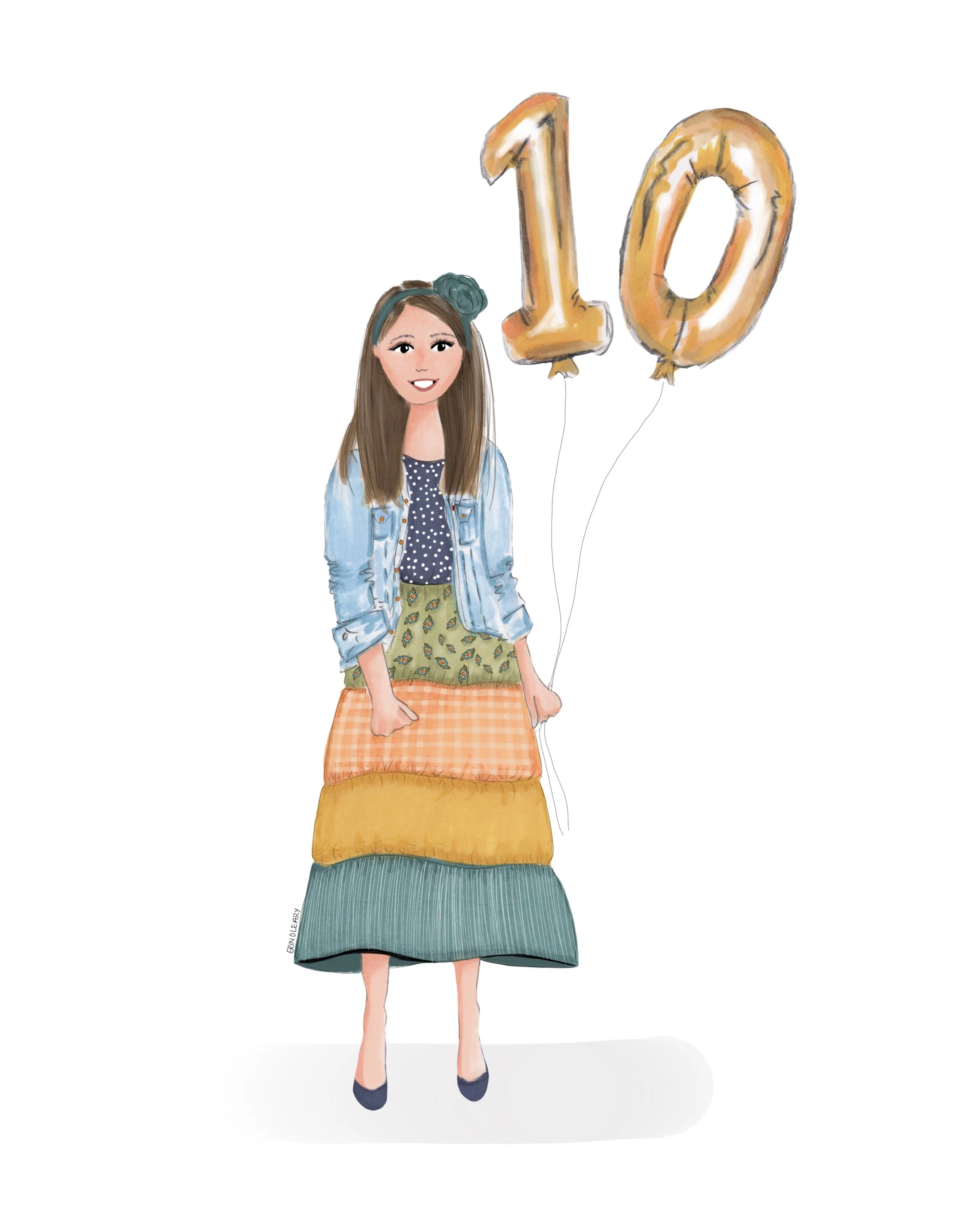 Illustration of a young girl celebrating her 10th birthday, holding gold number '10' balloons, wearing a denim jacket, a patterned top, and a tiered skirt, with a floral headband, against a plain background