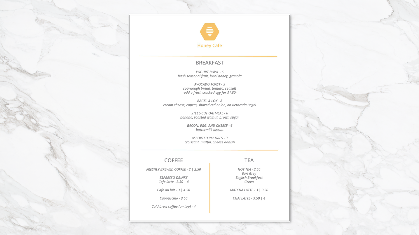 First floor cafe menu features food and coffee options sourced from local vendors