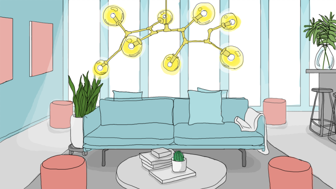 The first floor offers casual seating for low-key coffee dates. Illustration by Caroline Bivens.