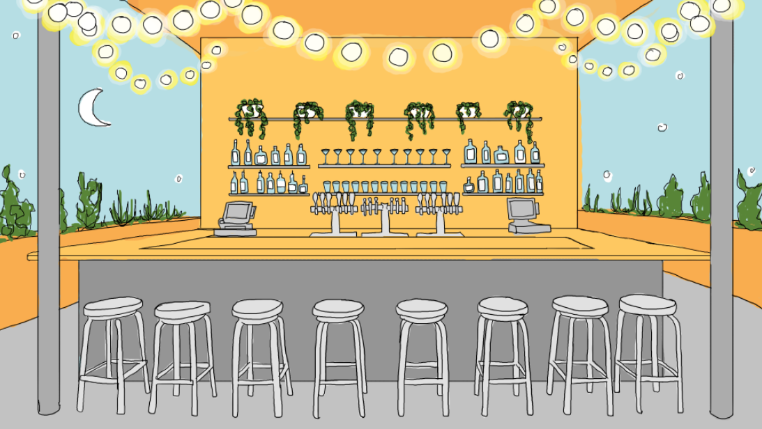 Third floor rooftop bar. Illustration by Caroline Bivens.